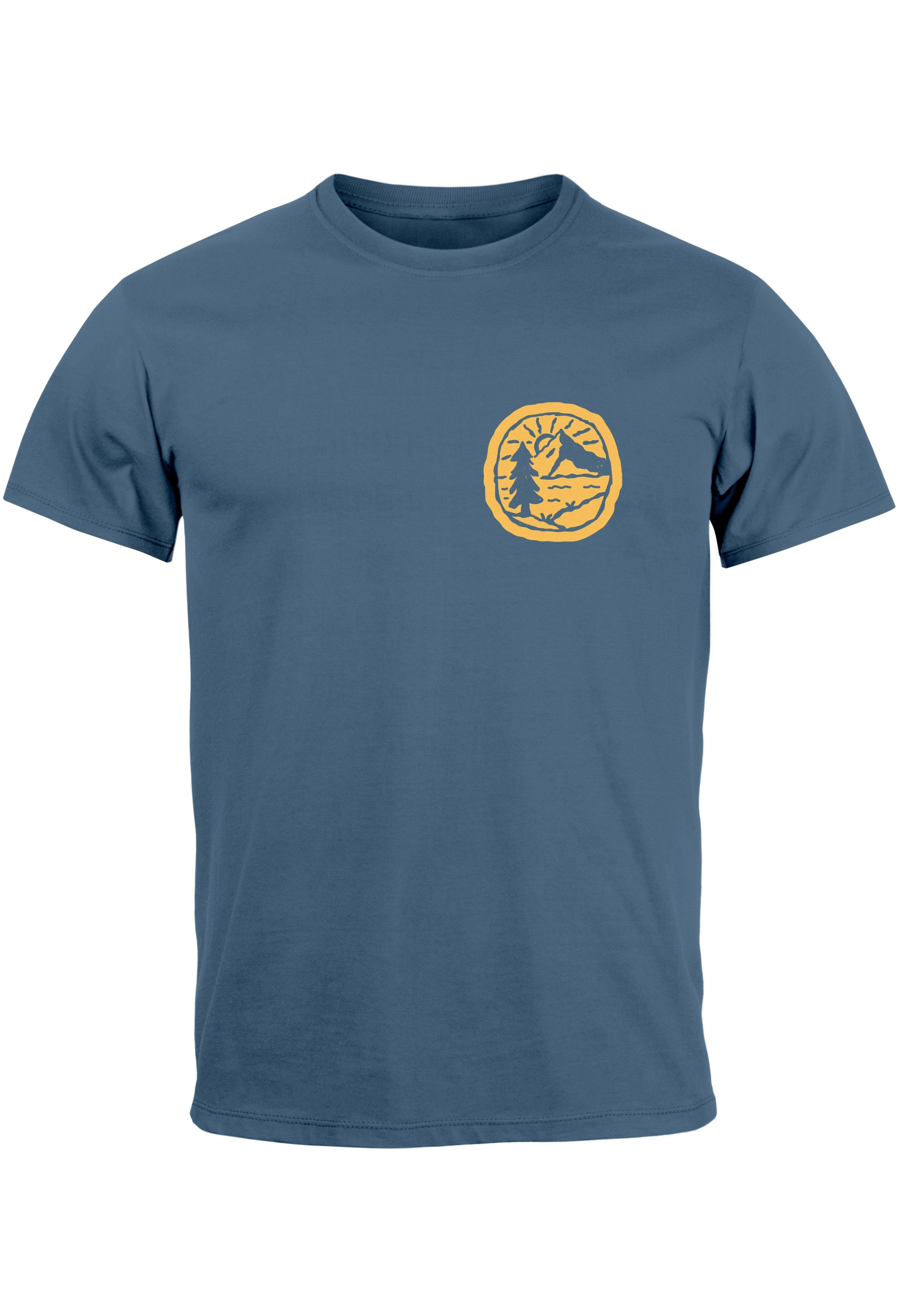 Neverless Print-Shirt Herren T-Shirt Print Logo Badge Landschaft Natur Berge Wandern Outdoor mit Print denim blue | T-Shirts
