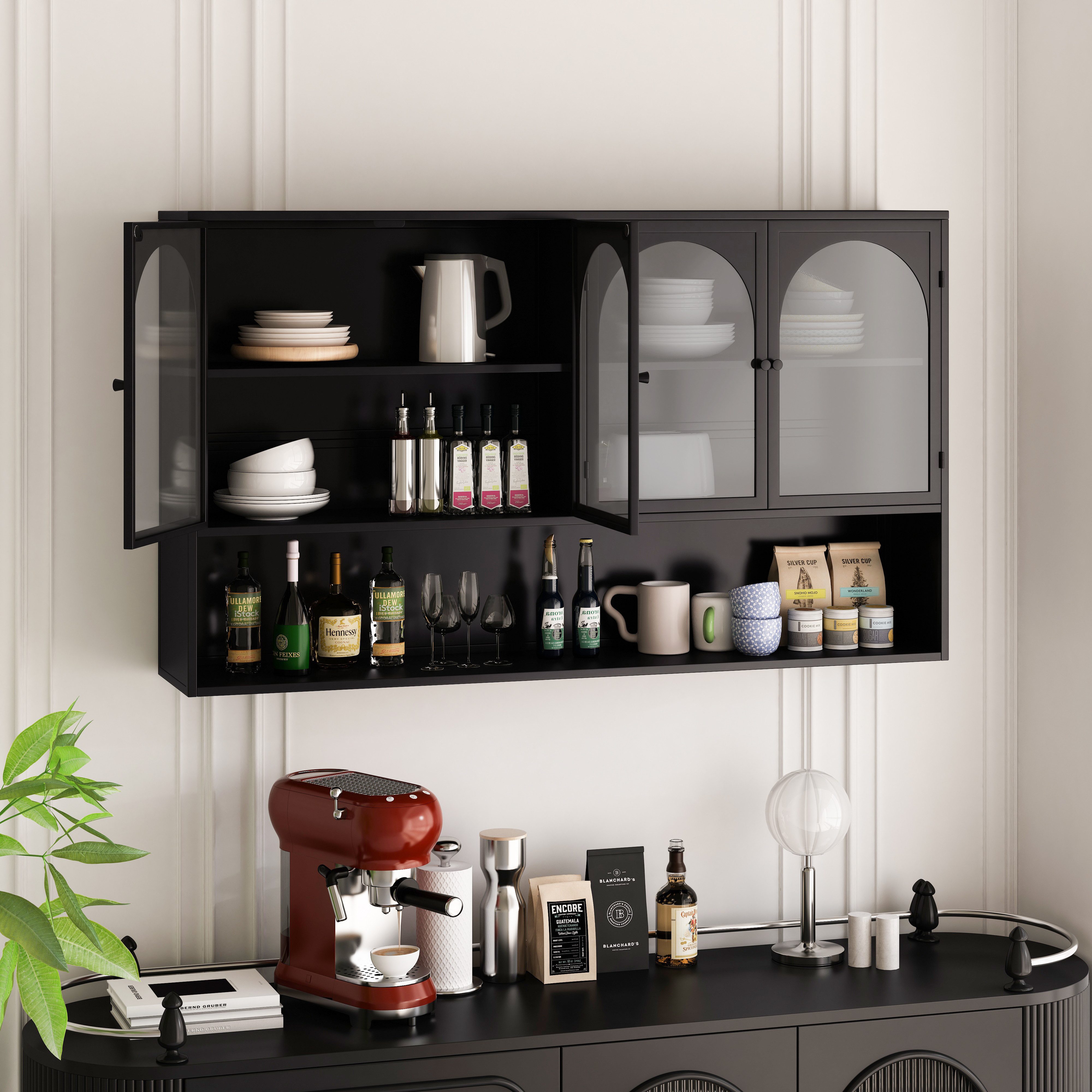 Celya Wandhängeschrank 120 cm vier Türen Glas Wandschrank Aufbewahrung, Wandmontage, geeignet für Küche, Wohnzimmer, Badezimmer, Schwarz – Bild 4 von 5
