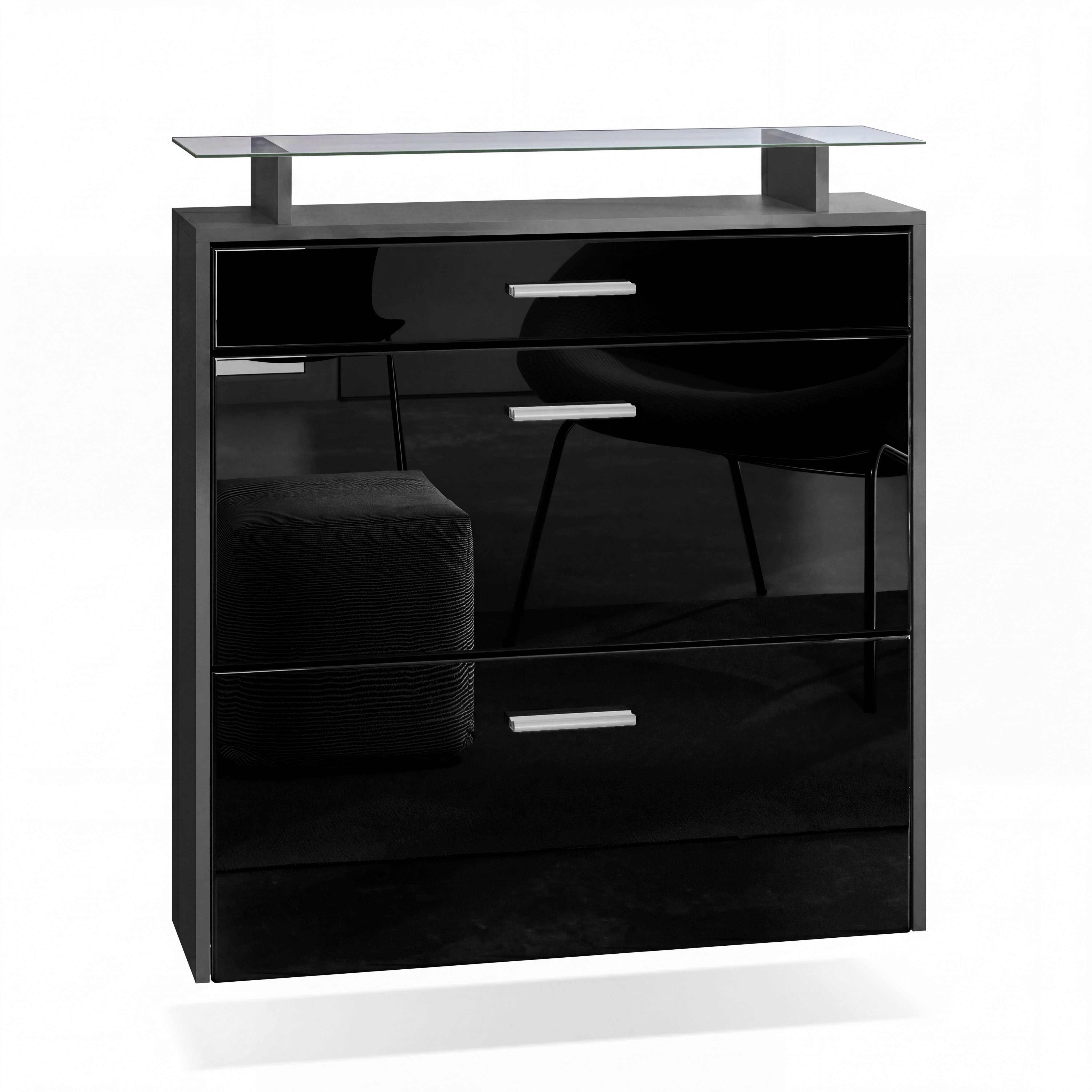 Vladon Schuhschrank Malea (hängender Schuhkipper für 16 Paar Schuhe, mit 2 Klappen und 1 Schublade und Glasablage) Anthrazit matt/Schwarz Hochglanz (89 x 96 x 23 cm)