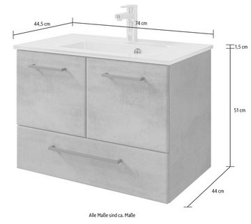 Saphir Badmöbel-Set Quickset 945 Glas-Waschtisch mit Unterschrank, 74 cm breit, Waschplatz, (1-St), 2 Türen, 1 Schublade, inkl. Türdämpfer, Waschtisch Set mit Waschbecken