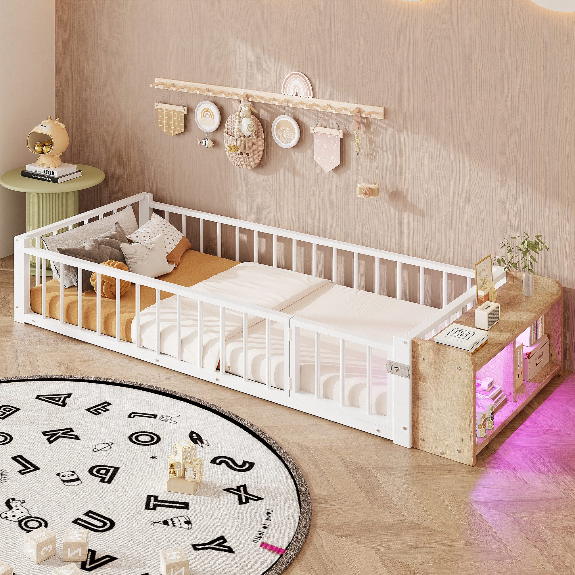 Flieks Kinderbett, Bodenbett Metallbett 90x200cm mit Schutzgeländer und LED-Staufach