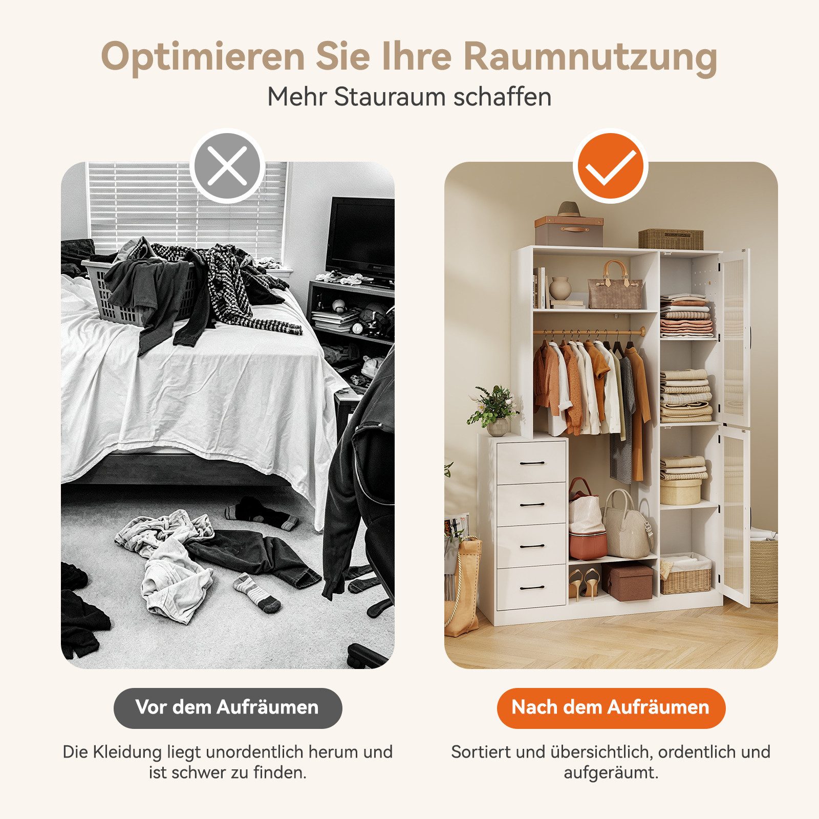 Puluomis Garderobenständer Kleiderschrank mit 4 Schubladen, Schuhregal, Lochwand 122x40x18cm weiß, verstellbare Regalböden, magnetische Schranktüren – Bild 5 von 5