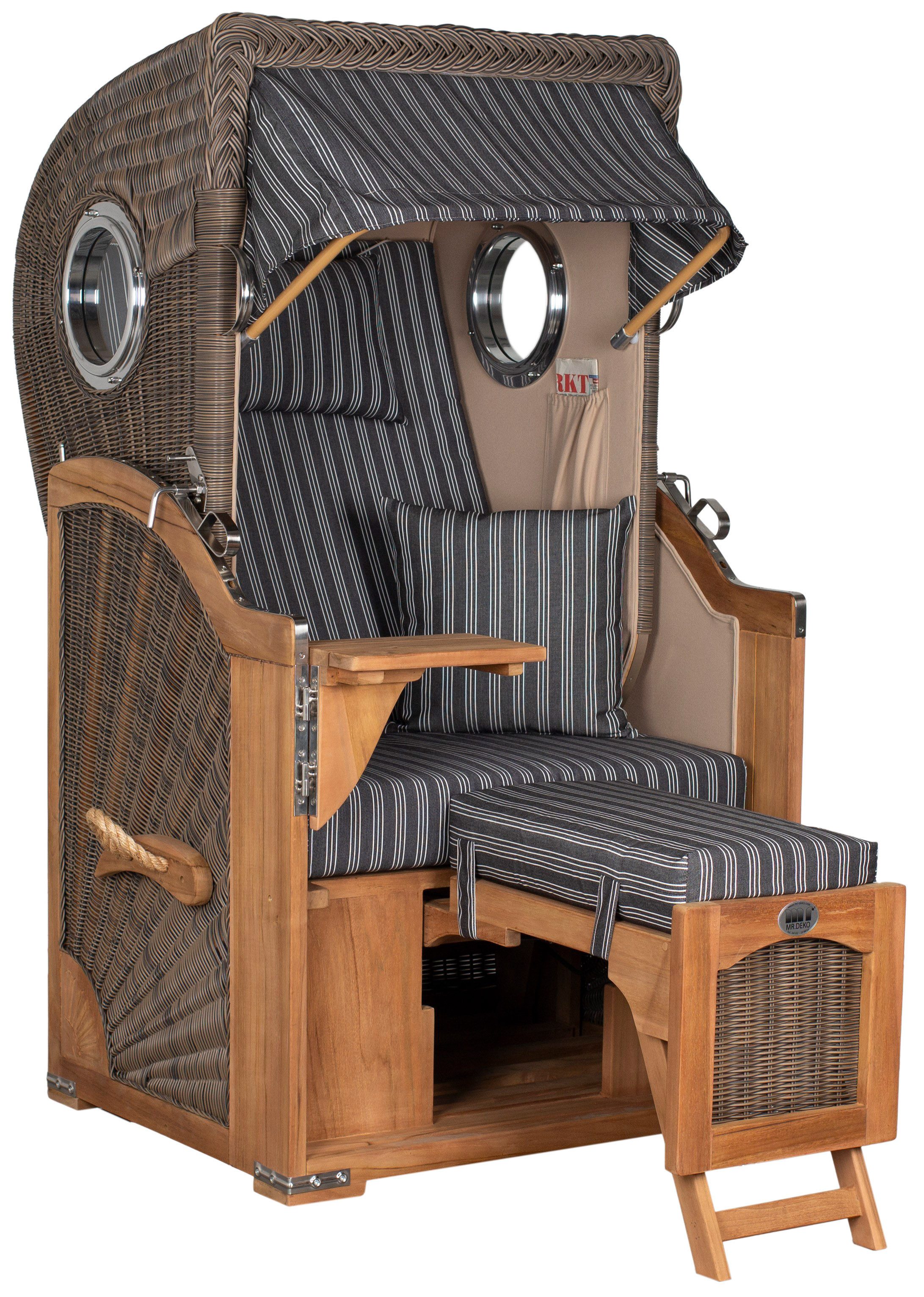 MR.DEKO Strandkorb Düne Single 1-Sitzer Bullauge Teak PE-Geflecht Grey 96x165x80, BxTxH: 96x80x165 cm, Vollieger, Düne Single, (Fertig montierter Strandkorb für Garten, Terrasse & Balkon, 1-tlg), Wetterfester Volllieger mit Edelstahlbeschlägen & waschbaren Polstern