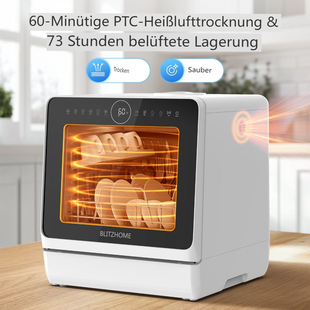 BLiTZWOLF Tischgeschirrspüler 950W Mini Tischspülmaschine Geschirrspüler BH-4-CDW, mit 5L Wassertank und 8 Spülprogramme, APP-Steuerung, Kindersicherung