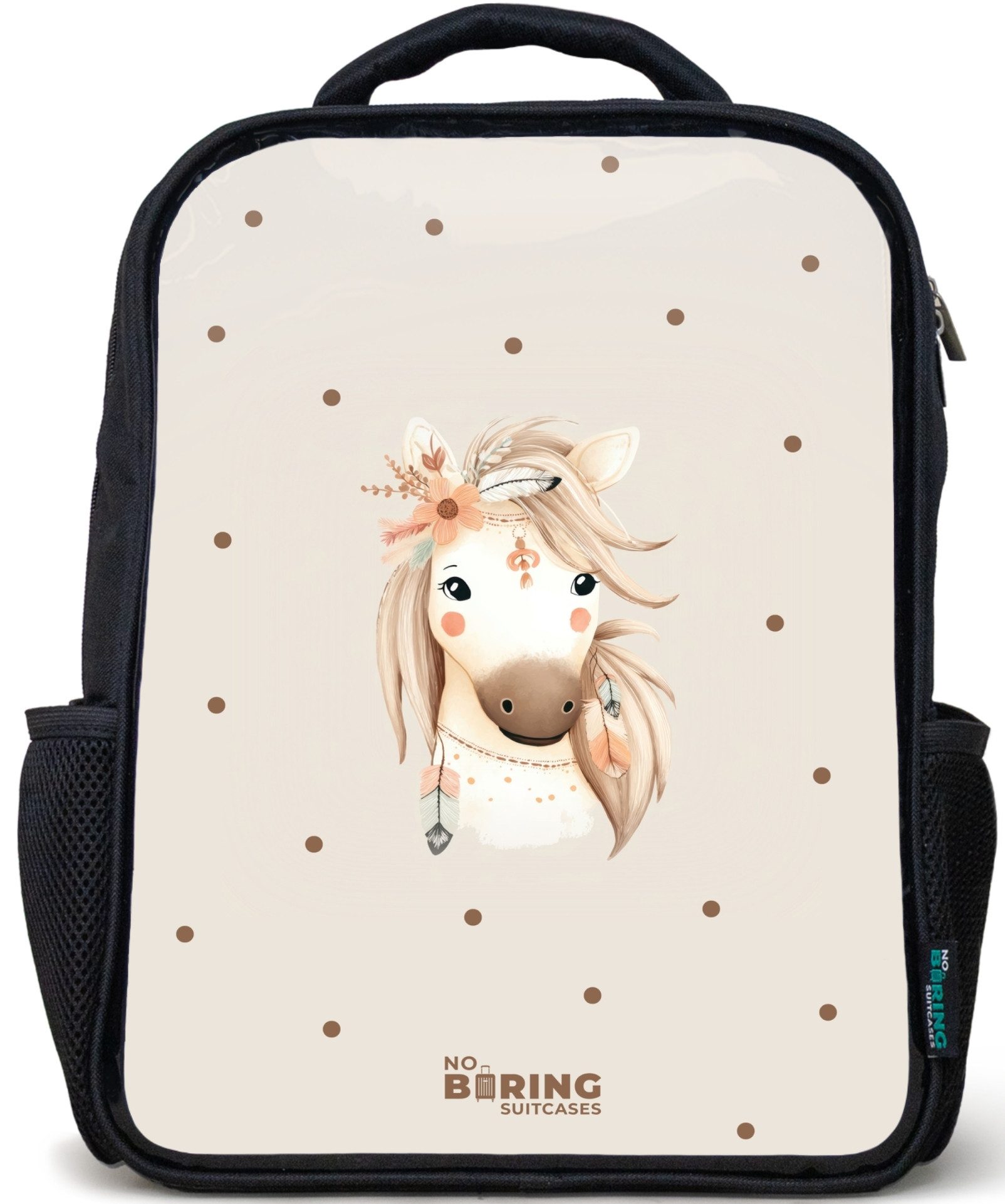NoBoringSuitcases.com© Rucksack Schwarz - Böhmisches Pferd in Pastellfarben, Kinderrucksack Schwarz, Schulrucksack, Freizeitrucksack Jungen Mädchen