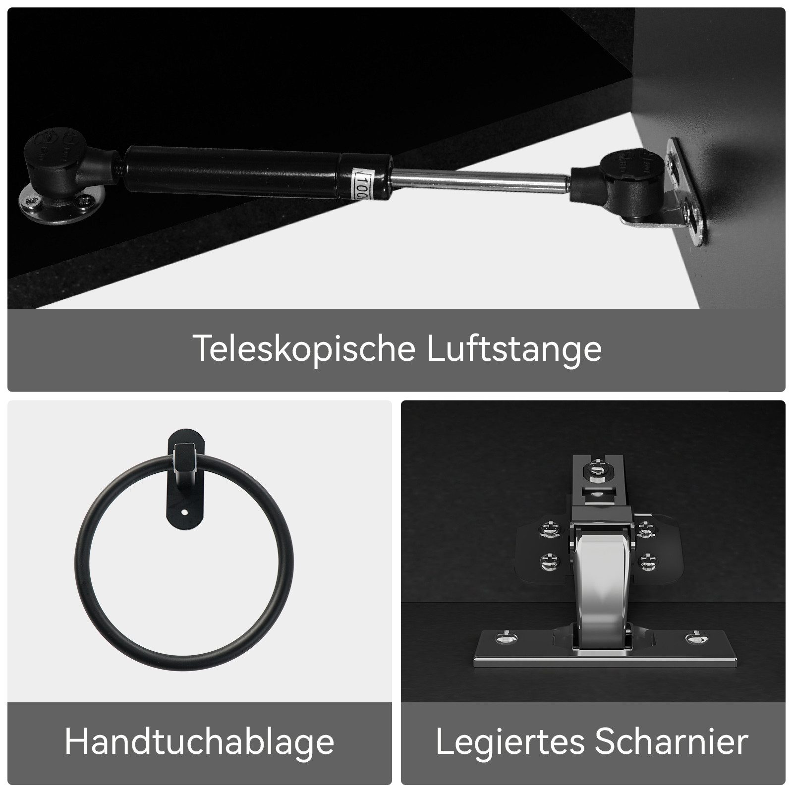 Puluomis Waschbeckenunterschrank 60cm mit 1 Handtuchring 1 Klopapierhalter ohne Spiegel (Set, Unterrschrank/ Wandschrank, Unterschrank, Waschbecken Set) Schwarz – Bild 3 von 5