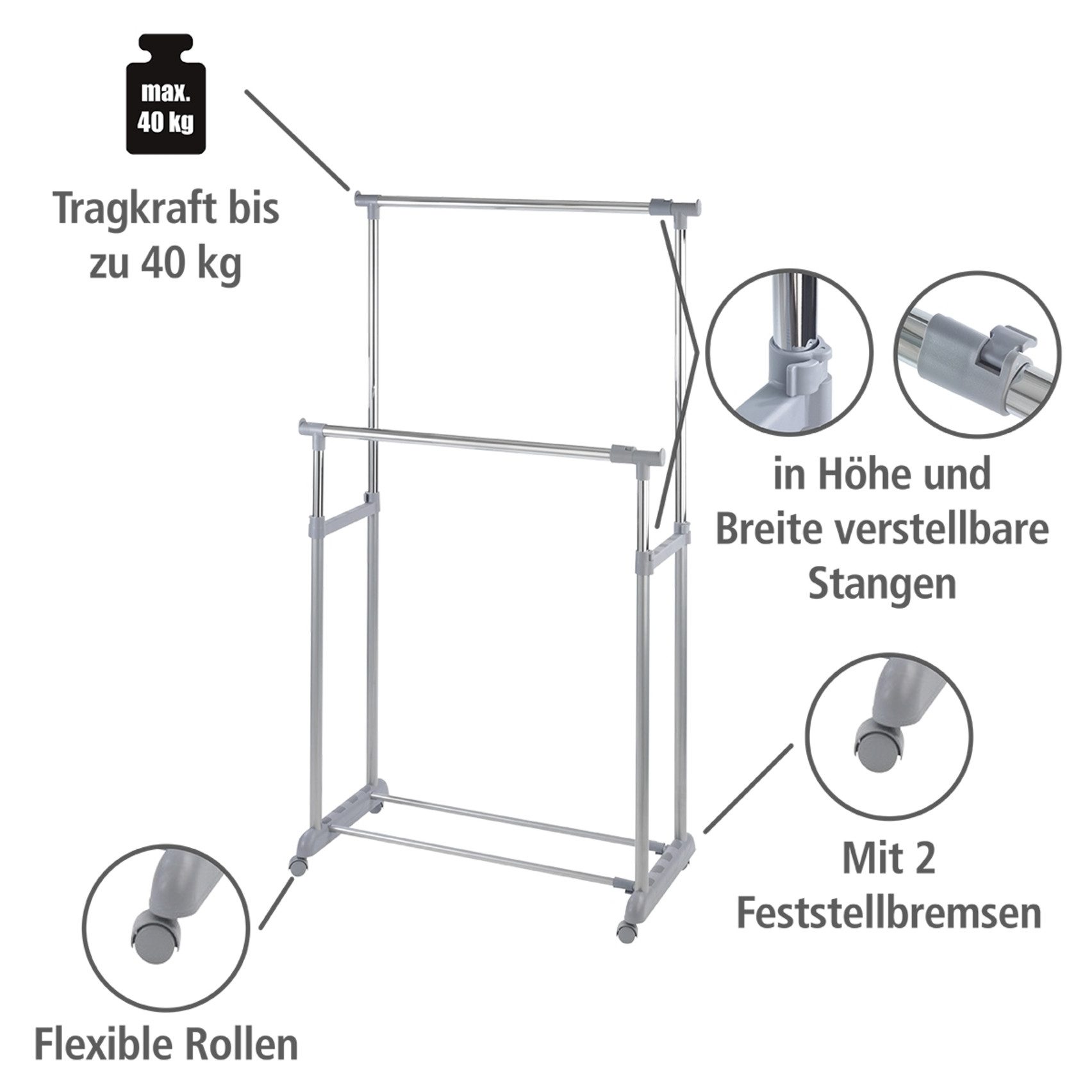 WENKO Kleiderständer Modell Twin Bars, Garderobenständer mit 2 Stangen, höhenverstellbar, mit 4 Rollen