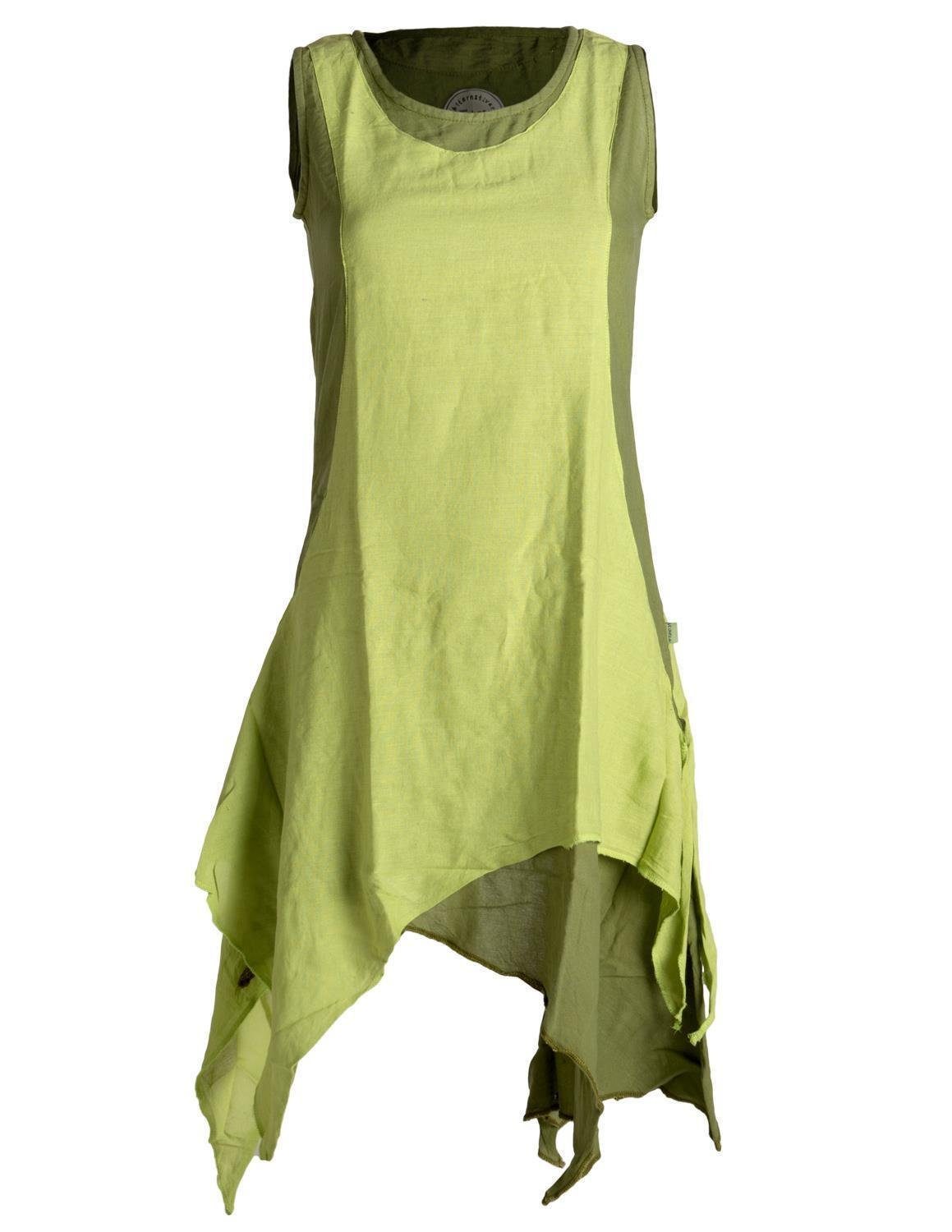 Vishes Sommerkleid Ärmelloses Lagenlook Kleid handgewebte Baumwolle Goa, Boho, Hippie Style olive-hellgrün
