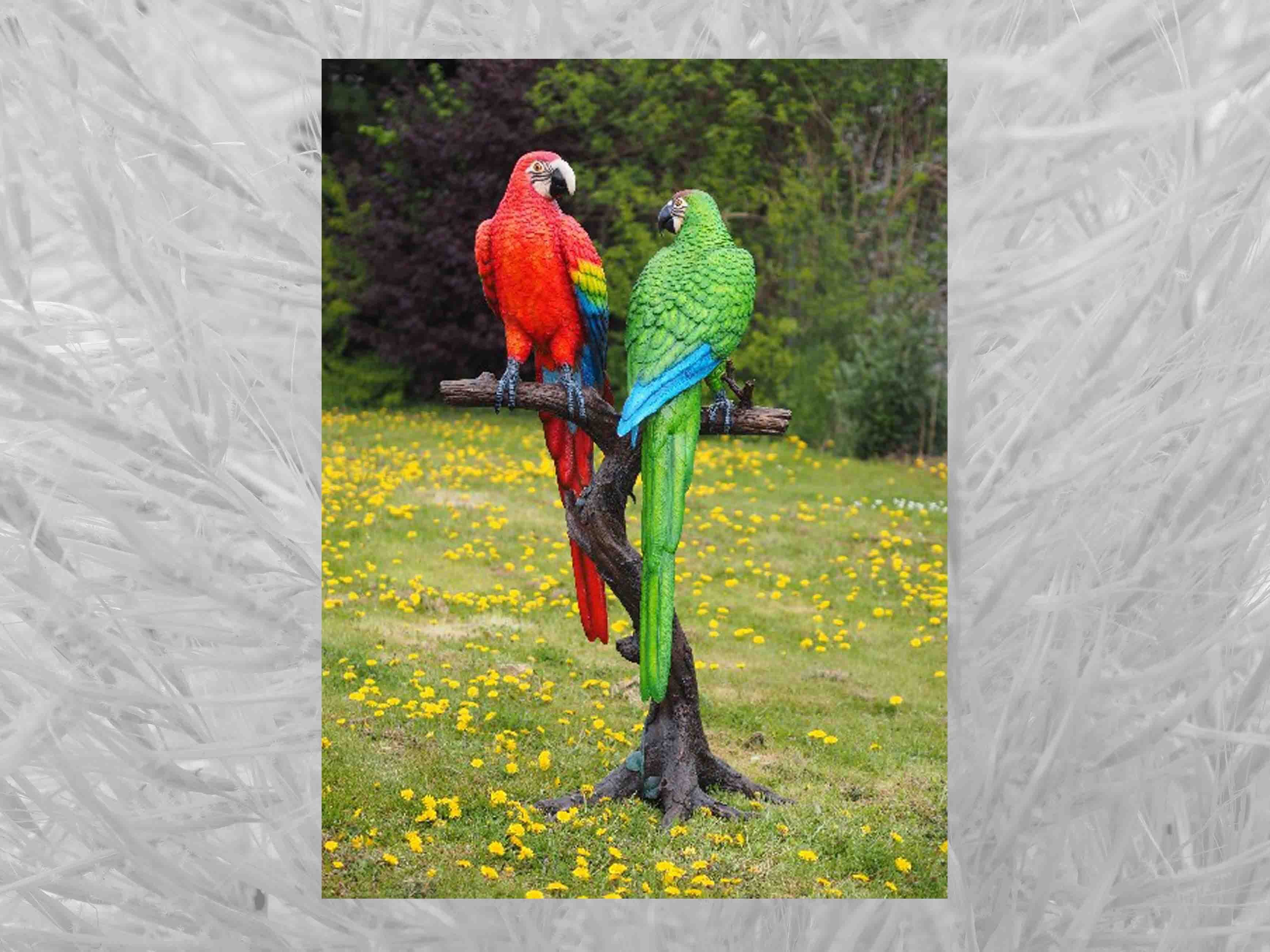 IDYL Gartenfigur Papageien Zwei bunte IDYL auf Bronze Bronze-Skulptur Stamm,