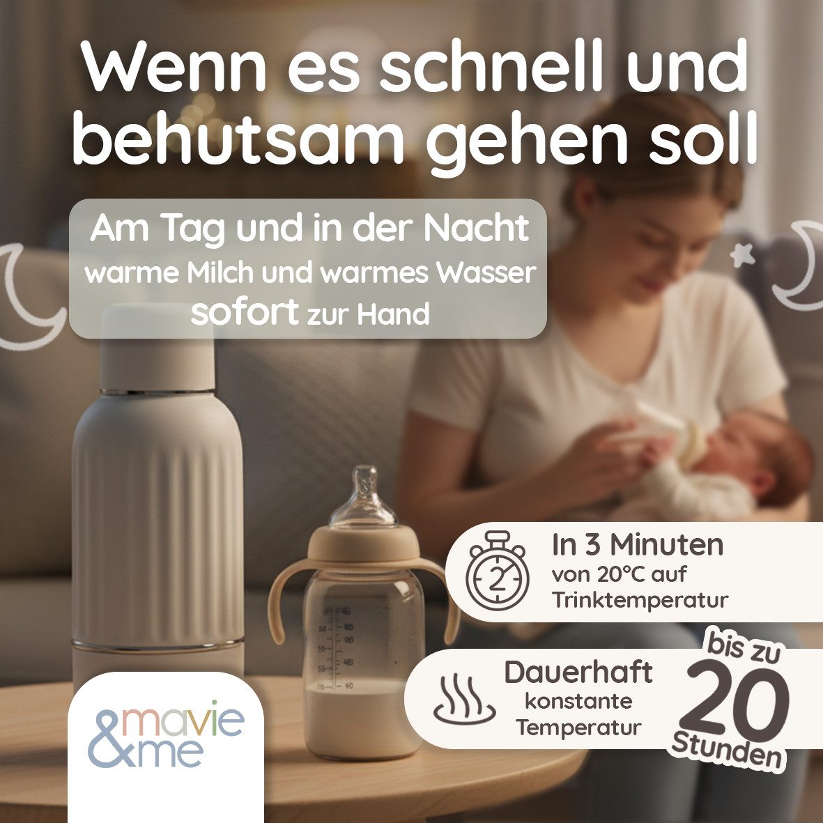 mavie & me Babyflaschenwärmer 500ml BPA frei & Sterilisation tragbarer Milch - Muttermilch Erwärmer, Portable Warmer mit Akku – ideal für unterwegs to go