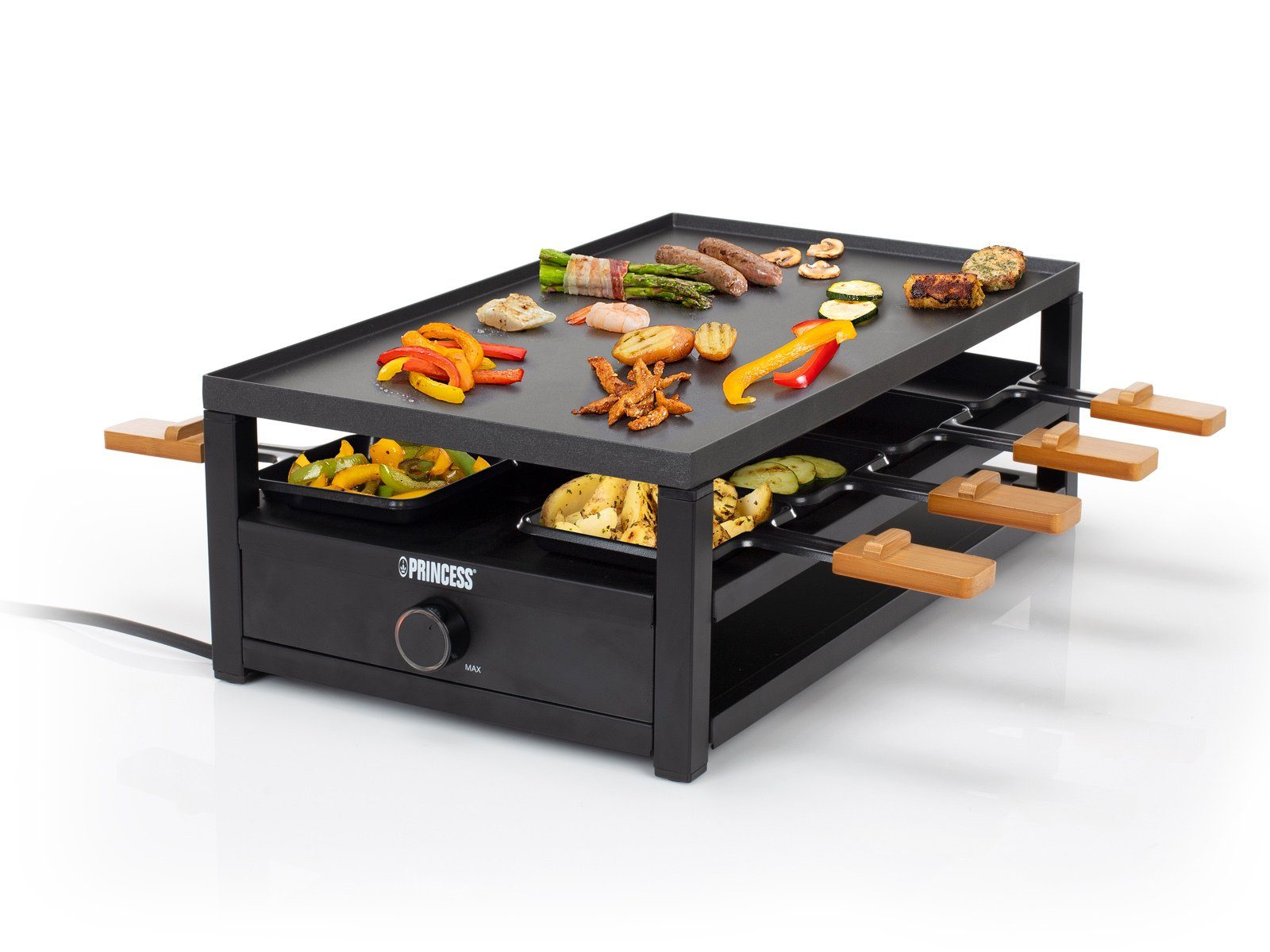 PRINCESS Raclette, 8 Raclettepfännchen, 1300 W, Gerät für 2-8 Personen, großer Elektro Tischgrill Pfännchen Parkdeck