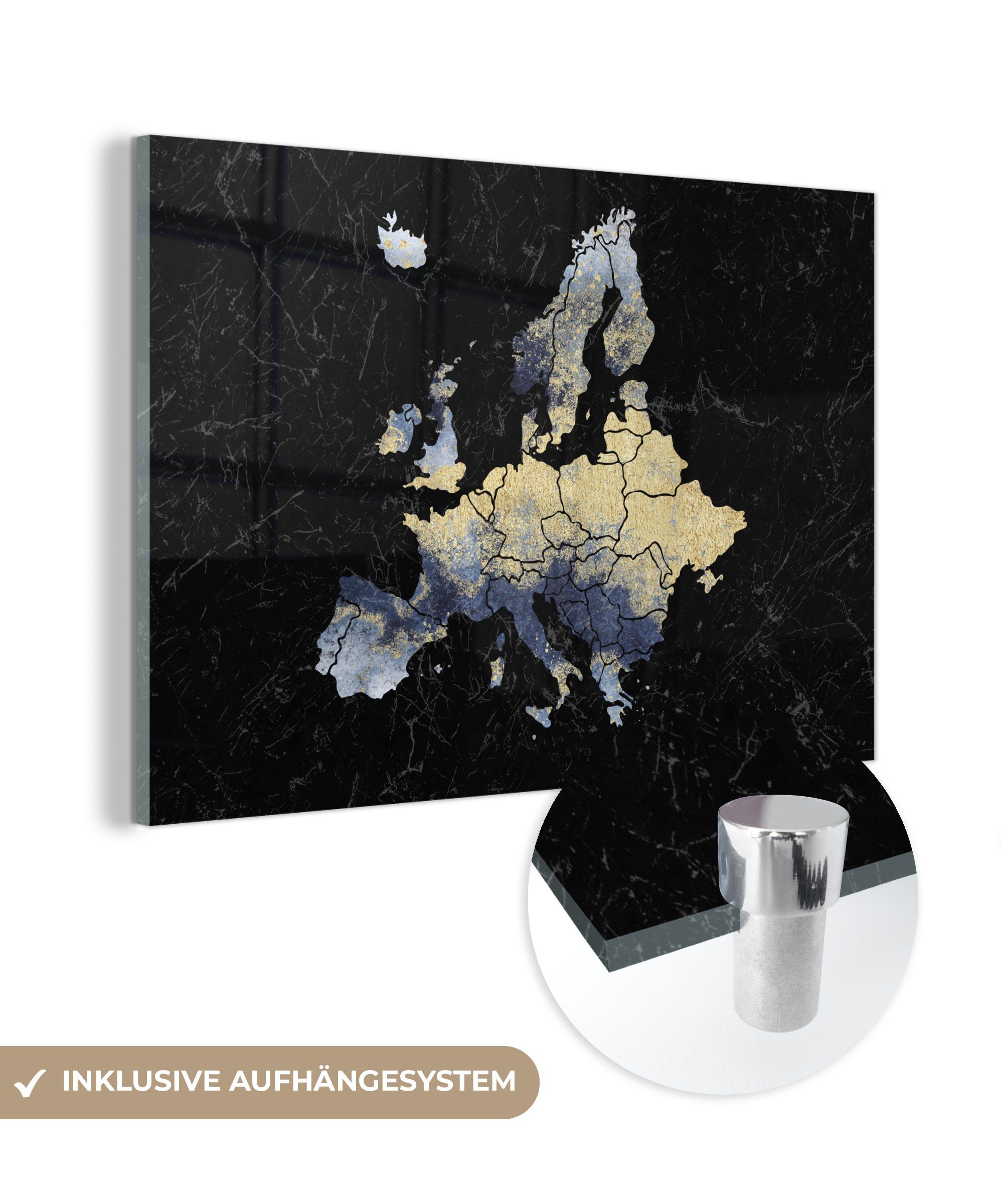 MuchoWow Acrylglasbild Karte - Europa - Delfter Blau, (1 St), Acrylglasbilder Wohnzimmer & Schlafzimmer