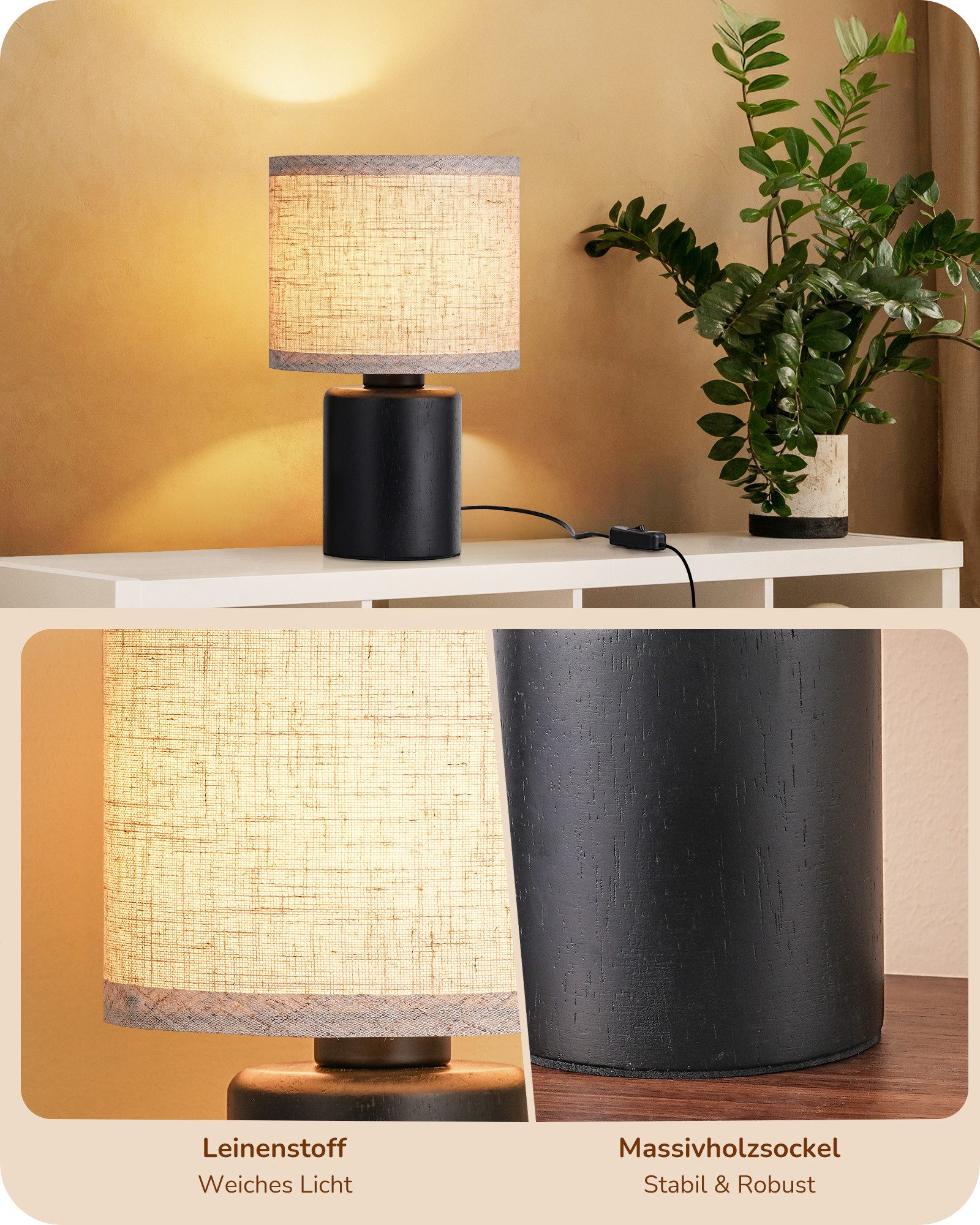EDISHINE Nachttischlampe mit Massivholzsockel & Leinen-Lampenschirm, LED wechselbar, Warmweiß, Höhe 30 cm, inkl. 4W LED-Leuchtmittel