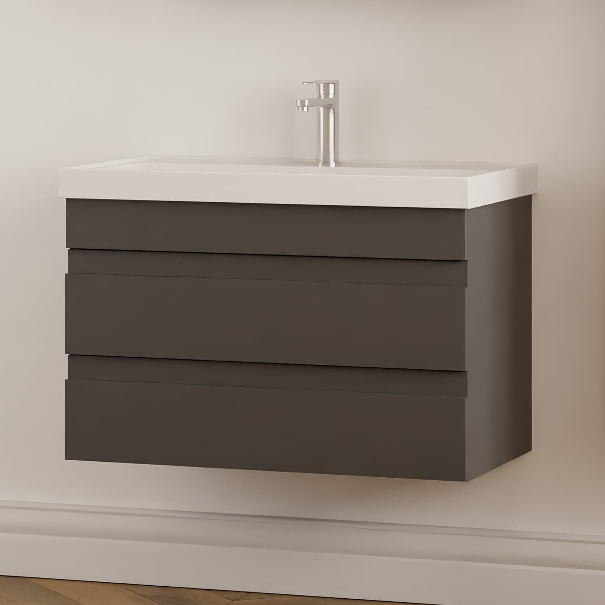 Karen Waschtisch-Set Waschtisch mit Unterschrank Lara, (Komplett-Set, Standartmäßig 2-Teilig (Unterschrank, Раковины), Optionaler Hochschrank, 2-St., Unterschrank mit Schubladen), Minimalistisch, Geradlinig, Matt-Beschichtung, Softclose, Griffleisten