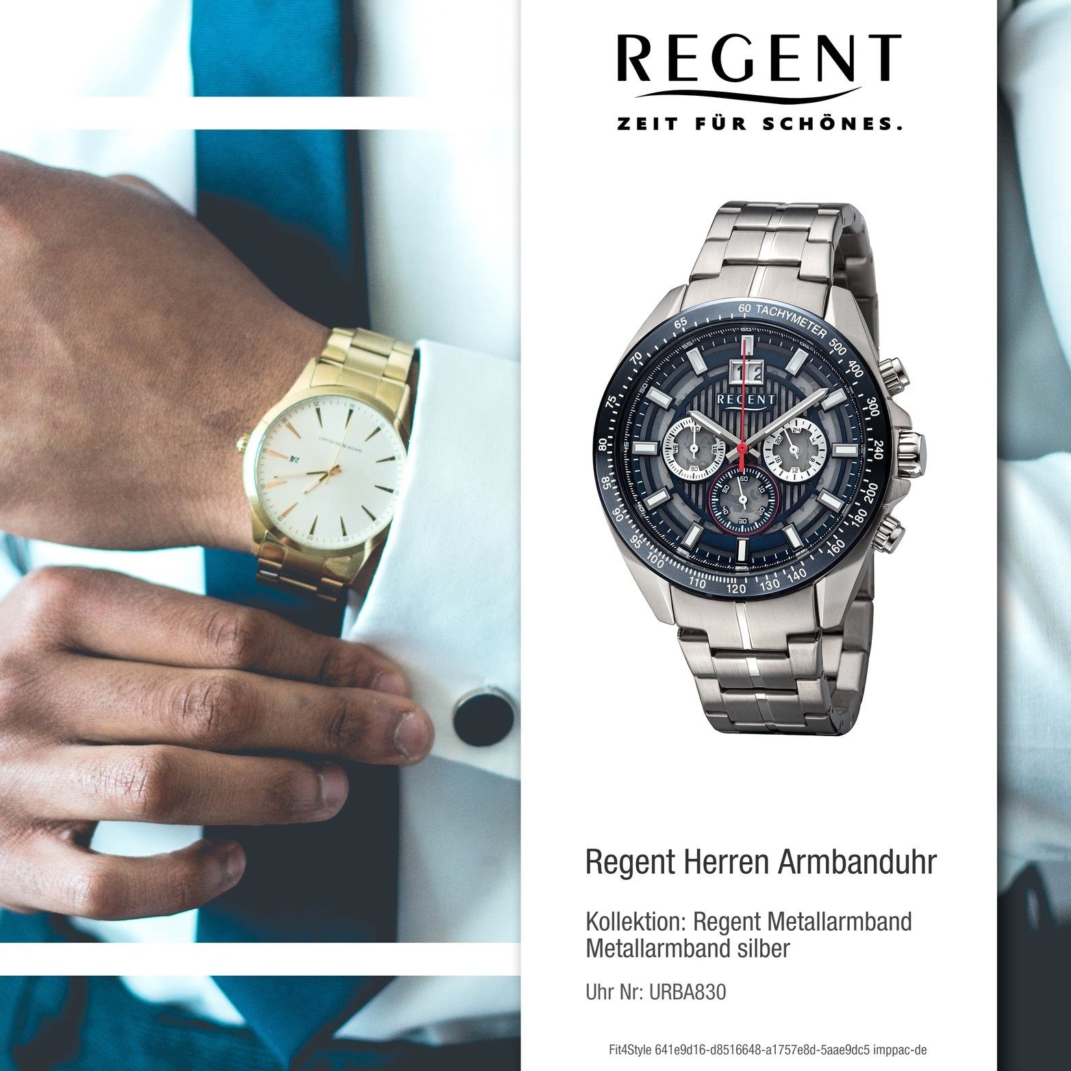 46mm) Herrenuhr groß Armbanduhr Regent Analog, Gehäuse, extra Regent (ca. silber, rundes Herren Quarzuhr Metallarmband