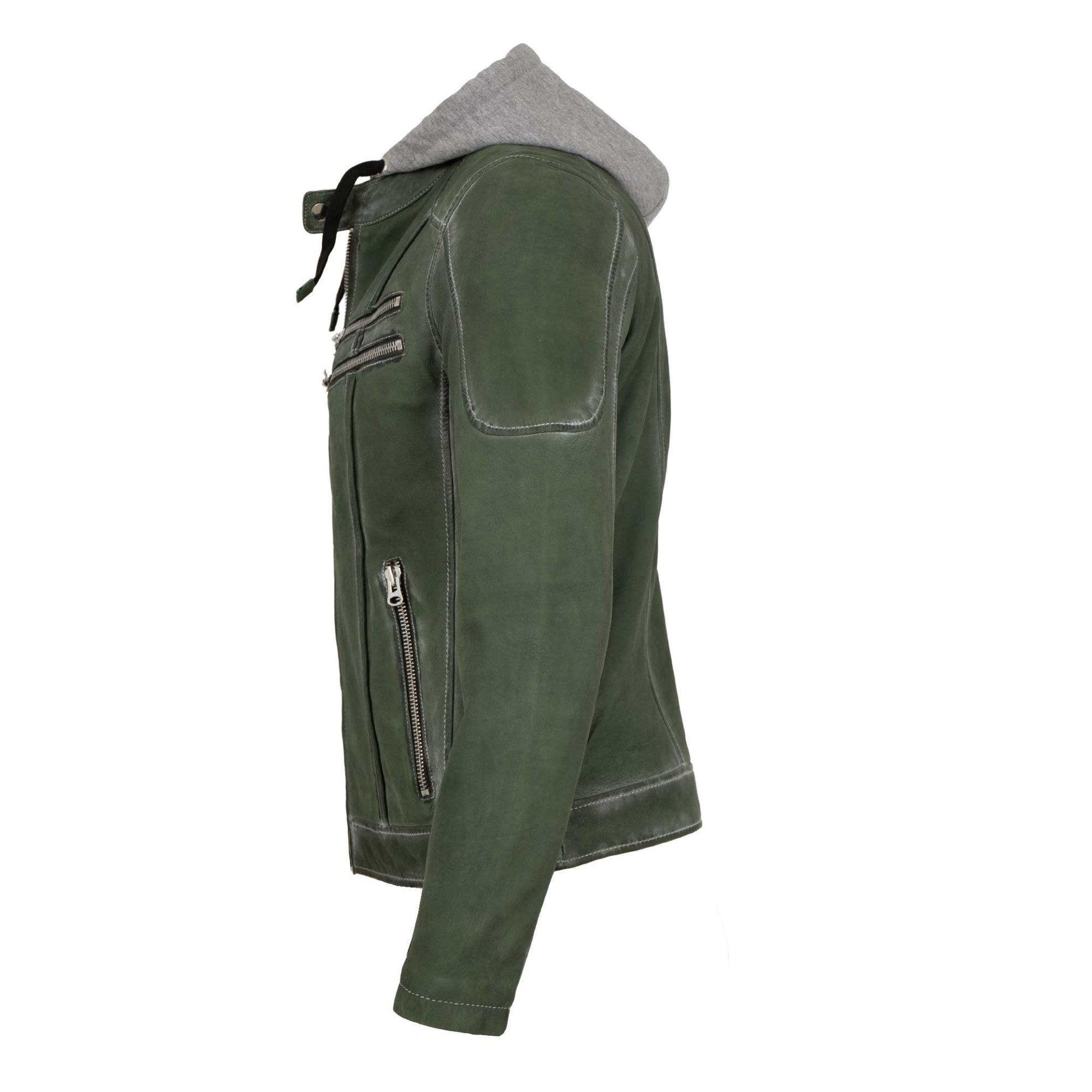 PUNCHBALL Lederjacke Doran Punchball - Herren Lederjacke Kapuze Lammnubuk grün antik
