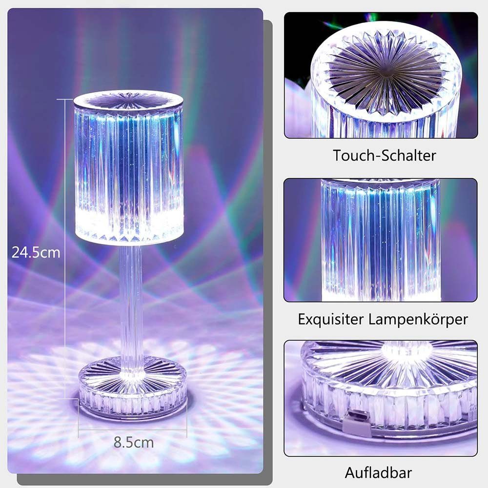 Rosnek Touch/Fernbedienung 3/16 für Nachtlicht Lichtfarben, 3D-Diamantschnitt, Kristall, Nachttisch, 3 Farben, Schlafzimmer USB, wiederaufladbar, LED