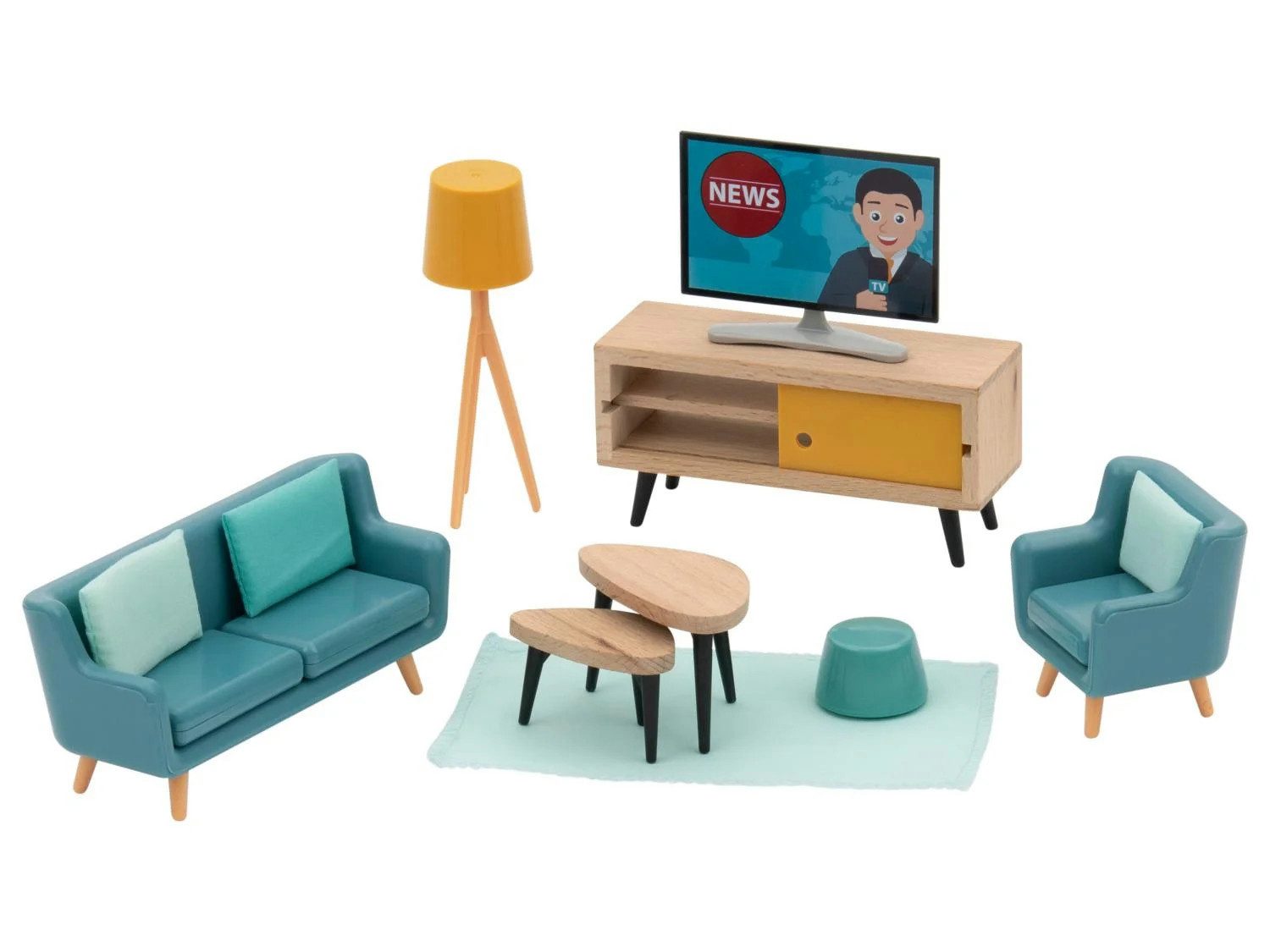 Playtive Puppenhausmöbel Playtive Puppenhaus Zubehör Wohnzimmer 486029 (Set, 15tlg., Wohnzimmer), 15-teiliges Möbelset aus Echtholz