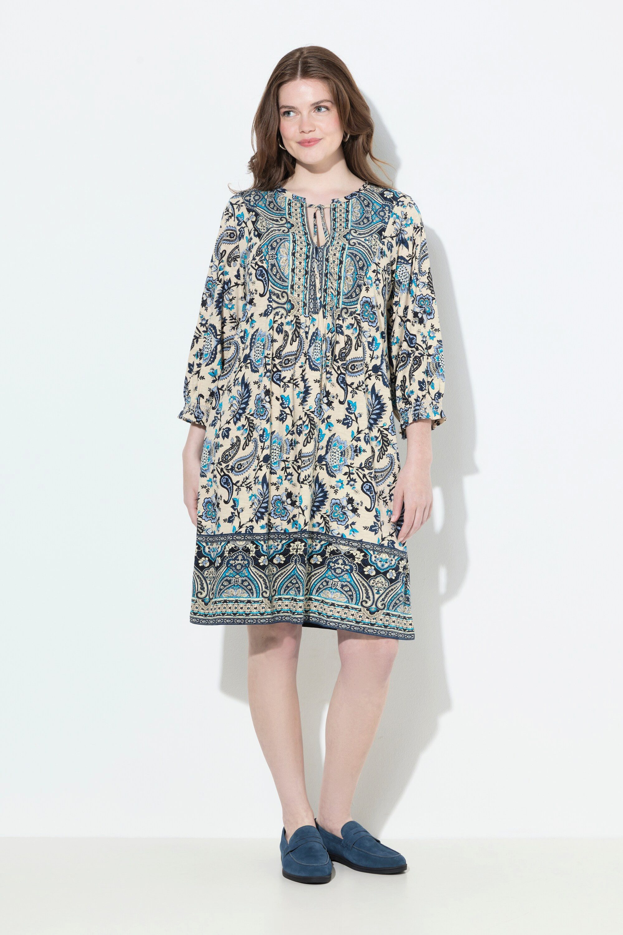 Ulla Popken Minikleid Kleid Boho-Druck A-Linie Rundhals 3/4-Arm günstig online kaufen