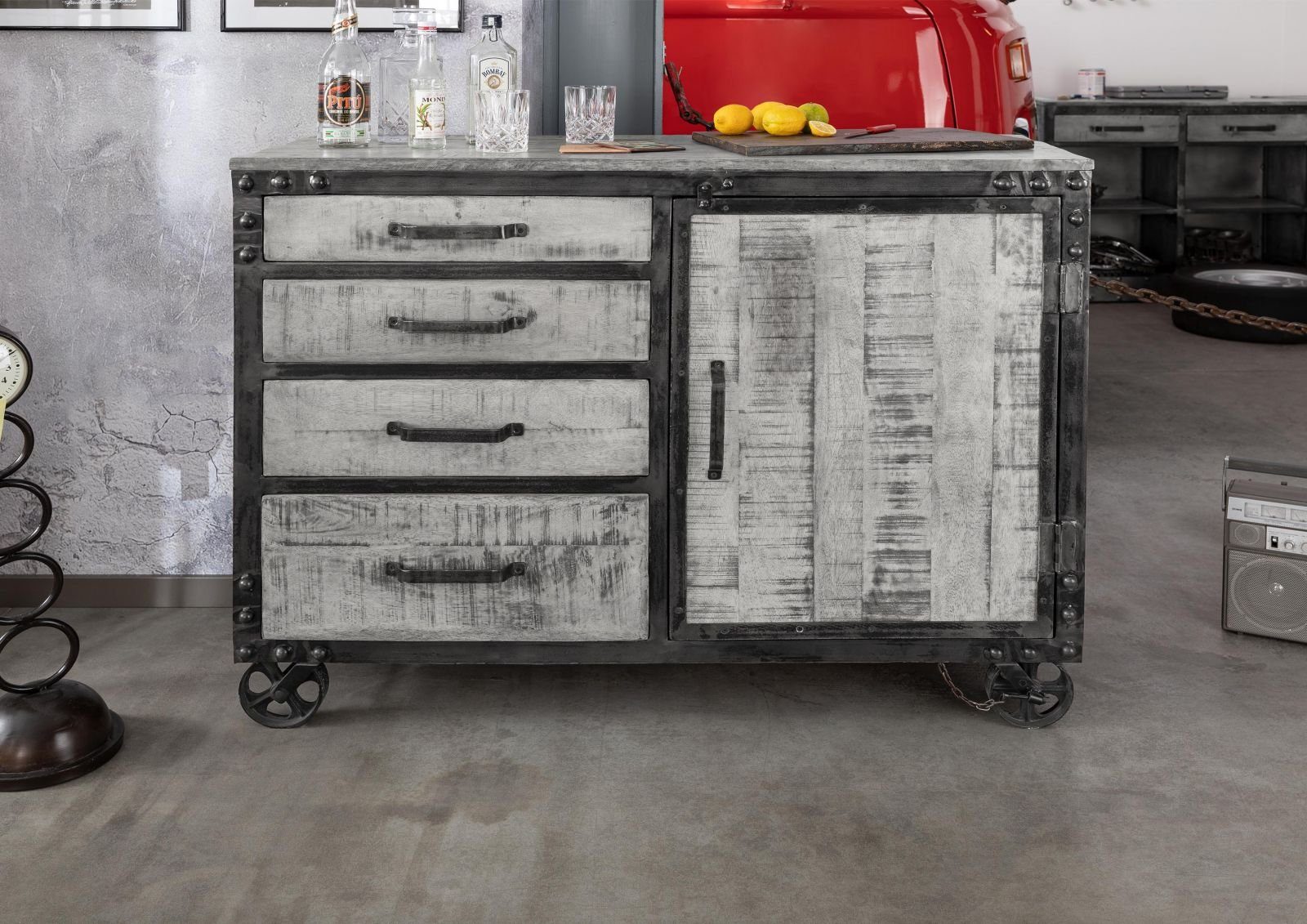 Massivmoebel24 Sideboard HEAVY INDUSTRY (Massivholz), Sideboard Mango 120x46x92 grau lackiert HEAVY INDUSTRY #125