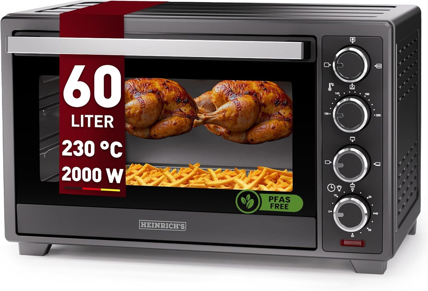 Heinrich´s Minibackofen HMO 8407 Backofen mit Umluft 60L, 2000W mit Drehspieß, Airfryer, Timer