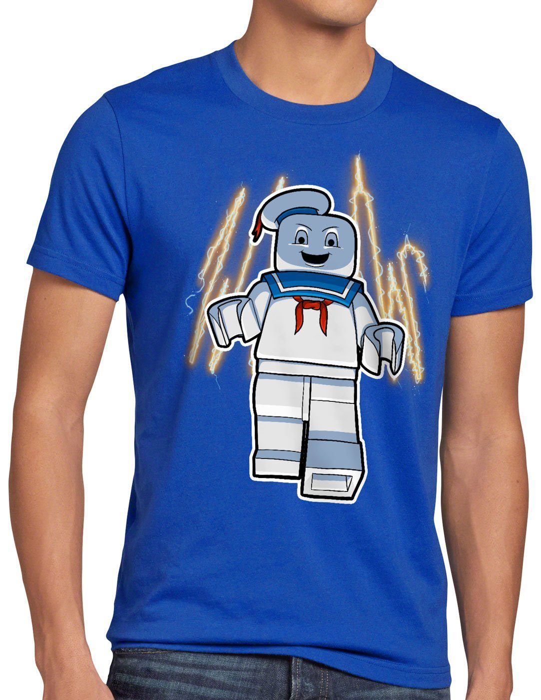 ecto1 T-Shirt geisterjäger baustein blau Ghostbricksters style3 Herren Print-Shirt