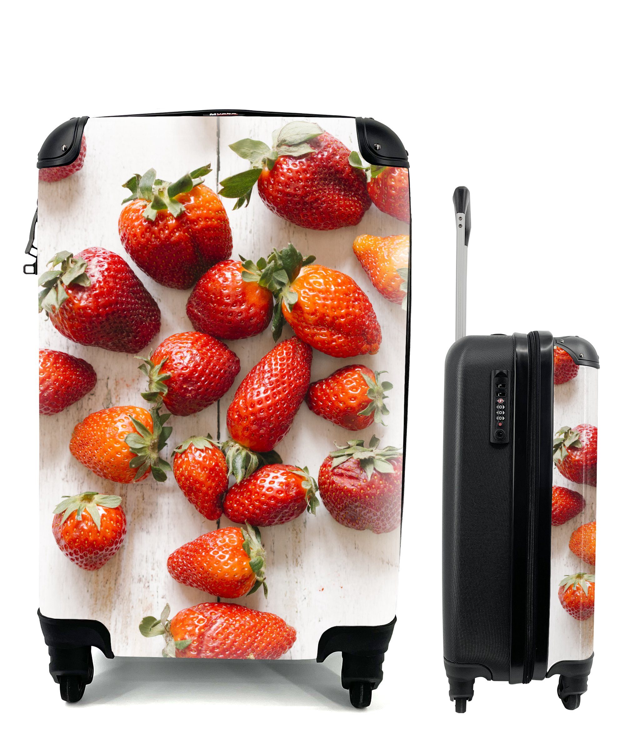 MuchoWow Handgepäckkoffer Erdbeere - Obst - Tisch, 4 Rollen, Reisetasche mit rollen, Handgepäck für Ferien, Trolley, Reisekoffer