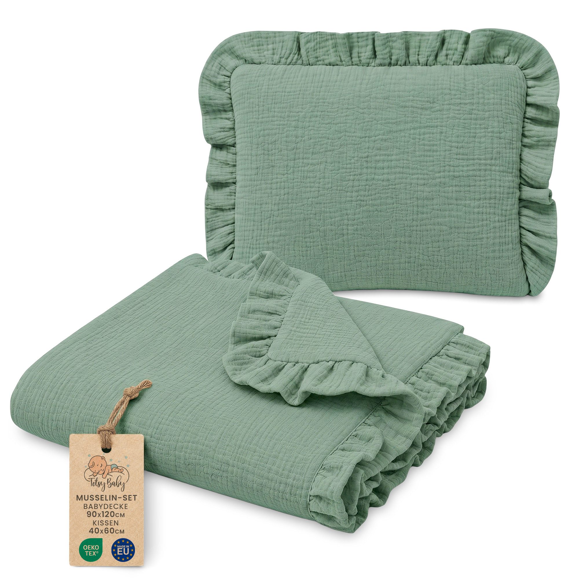 Babydecke Musselin Decke Baby Set 75x60 cm + Kissen 40x30 cm mit Rüschen, Totsy Baby