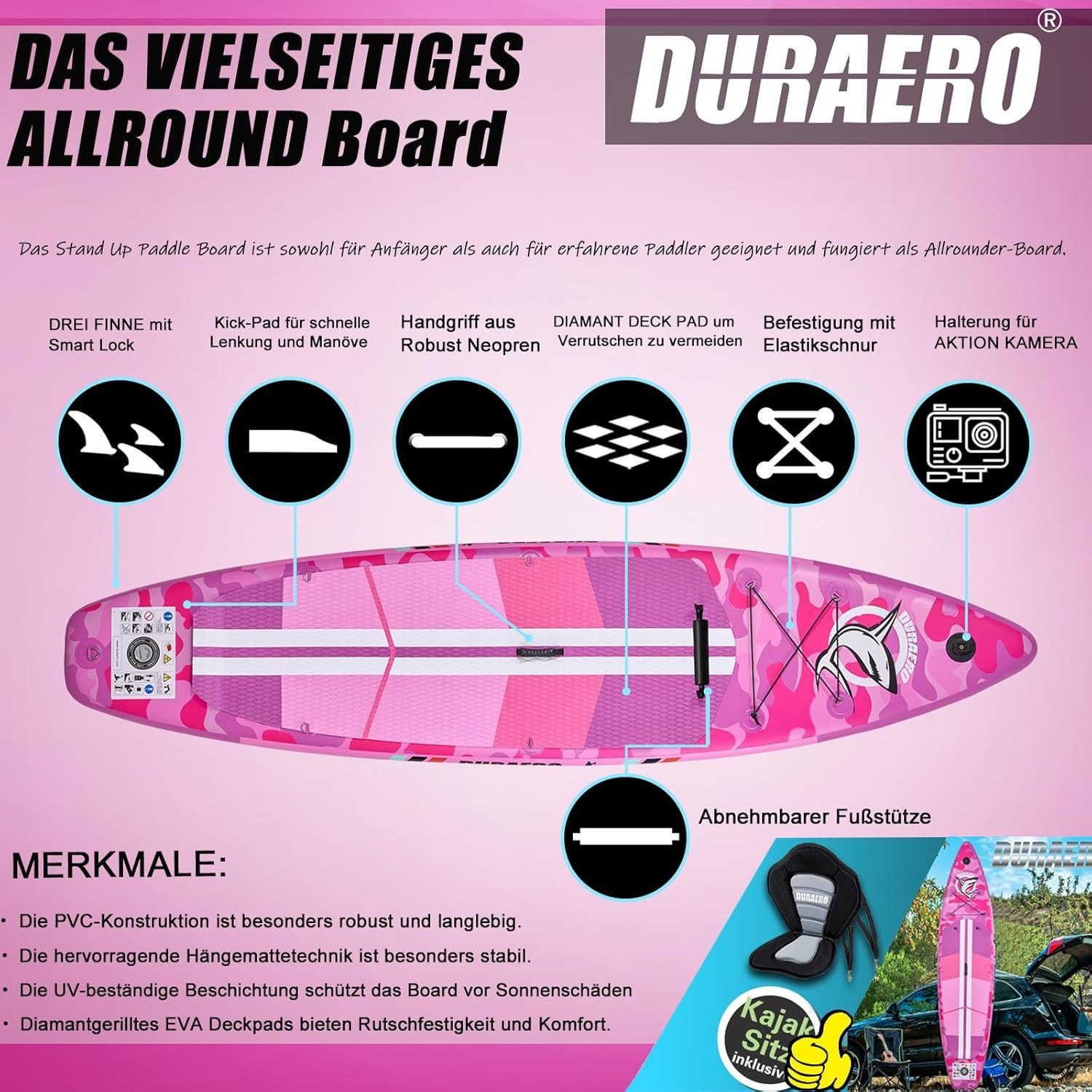 DURAERO Inflatable SUP-Board Stand up paddle board Aufblasbare SUP Board Set, Komplettes Pink
