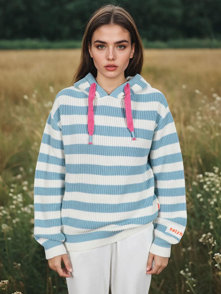 salzhaut Kapuzenpullover Velozipee Damen Strick-Hoodie Velozipee mit Streifen - Strickpullover mit Kapuze