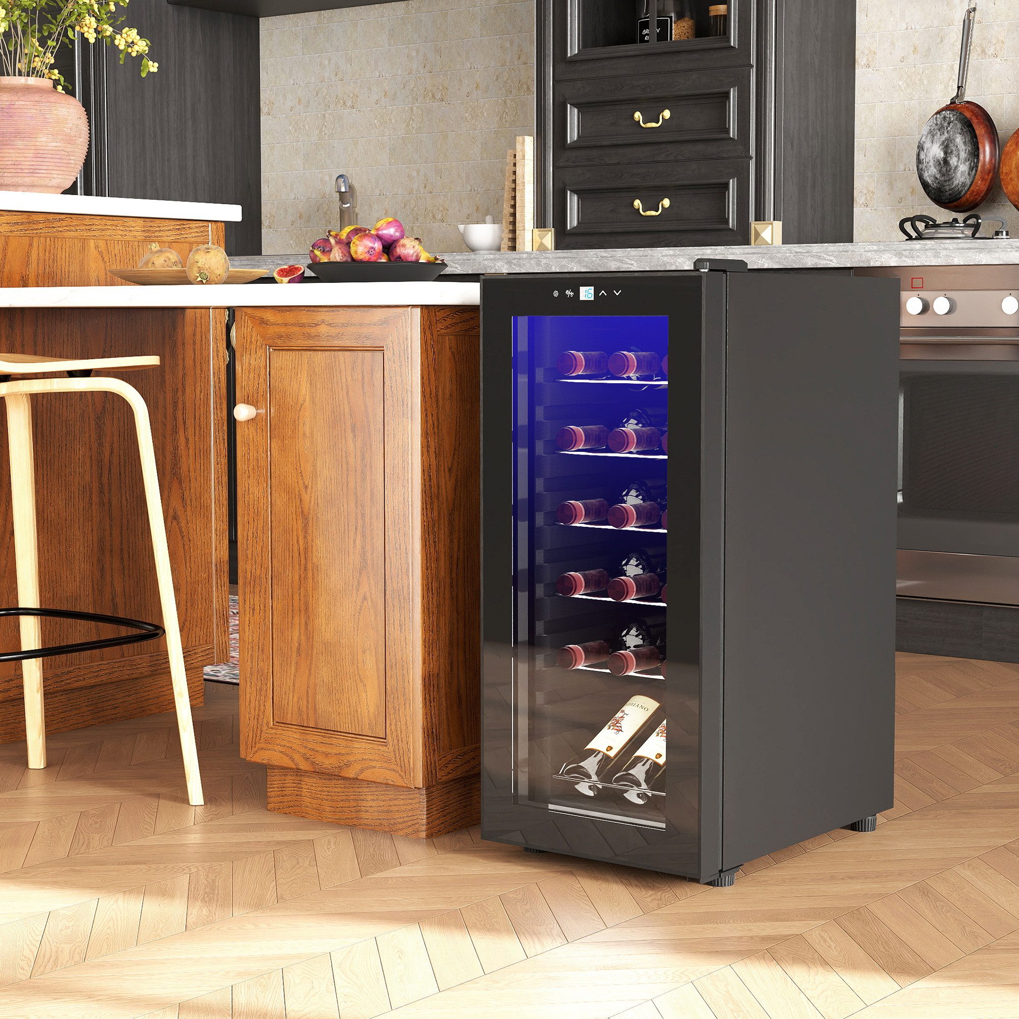 HOMCOM Weinkühlschrank Kompressor 20 Flaschen 5-18°C, Touchscreen, LED-Beleuchtung, für 18 Standardflaschen á 0,75l,mit Innenbeleuchtung, Schwarz