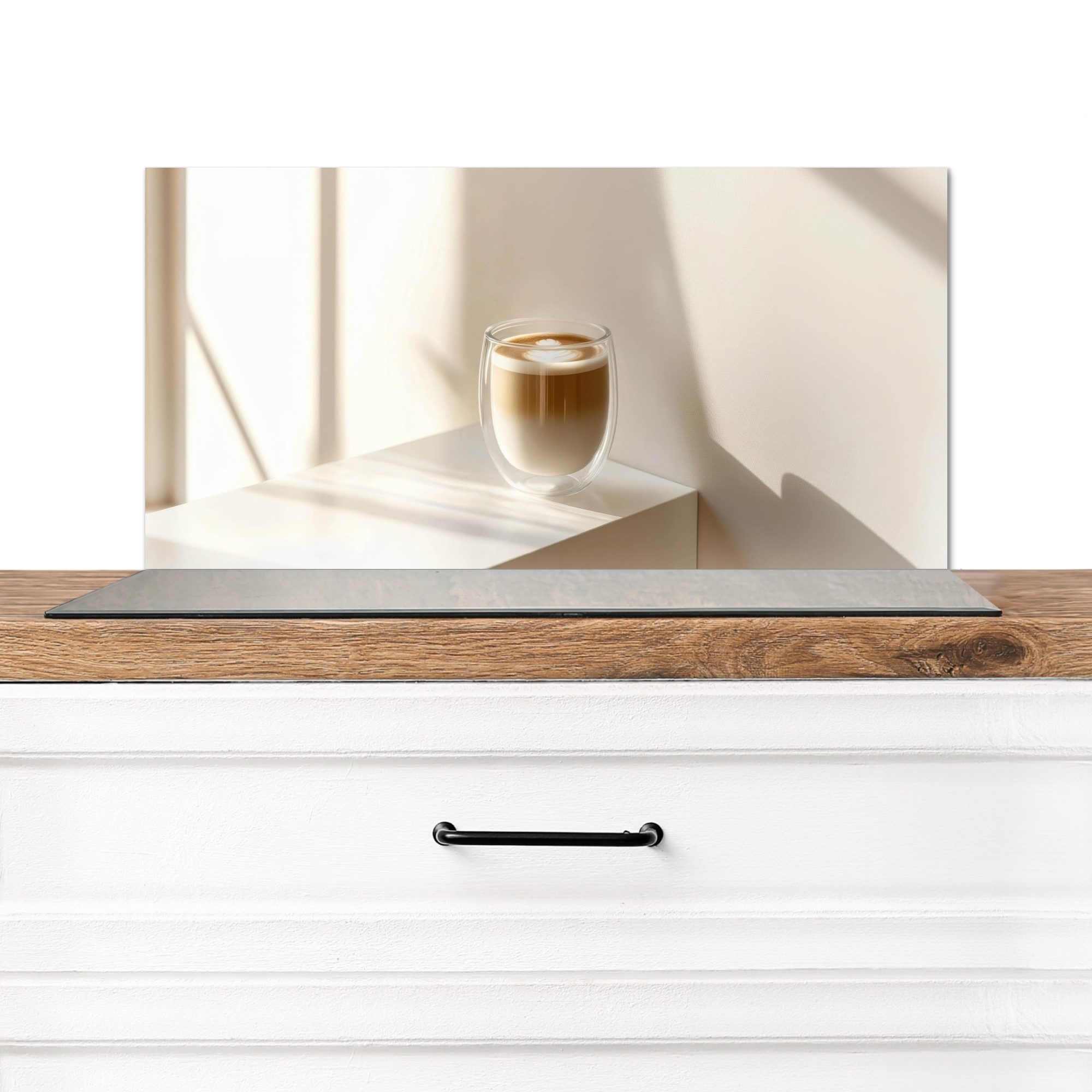 KitchenYeah Küchenrückwand Becher - Latte - Minimalistisch - Schatten, (1-tlg), Spritzschutz Küchenrückwand, Wandschutz, 60x30 cm