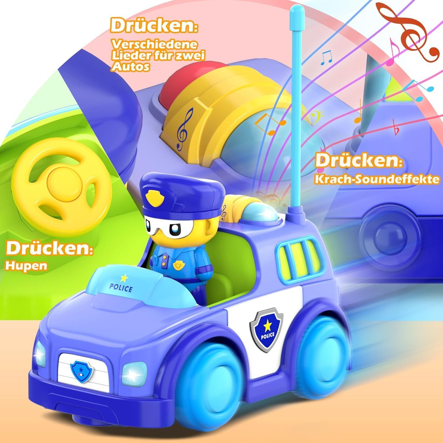 Ophy Spielzeug-Auto Ferngesteuertes Spielzeugauto – 2er-Set Kollisionsautos, (mit coolen Lichtern & Musik, gegeneinander fahrbar), Weihnachtsgeschenk für Jungen & Mädchen ab 3–8 Jahren