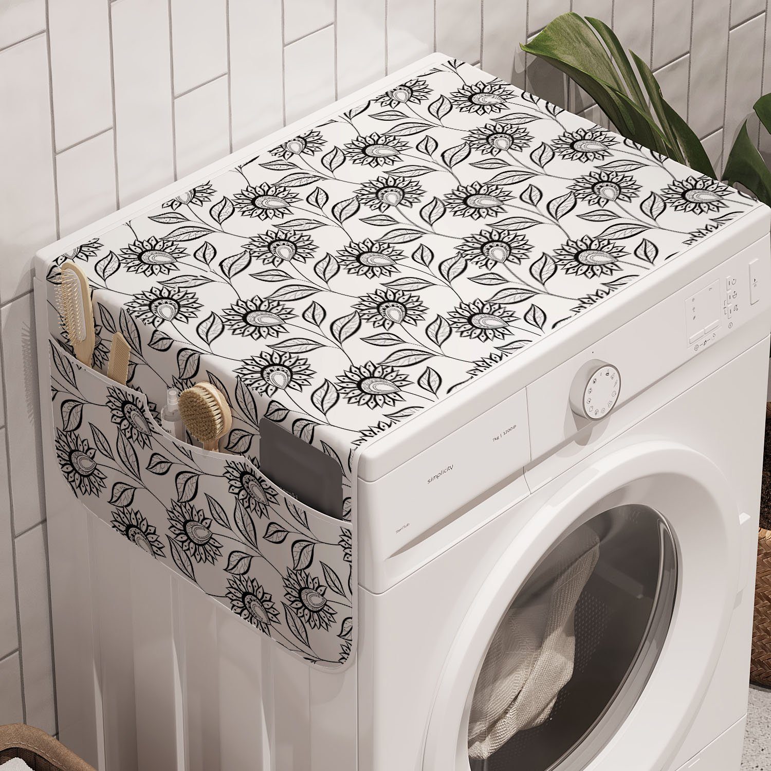 Abakuhaus Badorganizer Anti-Rutsch-Stoffabdeckung für Waschmaschine und Trockner, Orientalisch Umreißen Blumen-Kunst