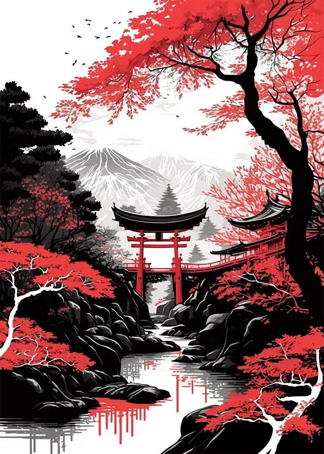 TPFLiving Kunstdruck OHNE RAHMEN, Japanische Landschaften, Berge und Tempel - (Leinwandbild XXL), Farben: Farben: Rot und schwarz - Größe: 20x30cm