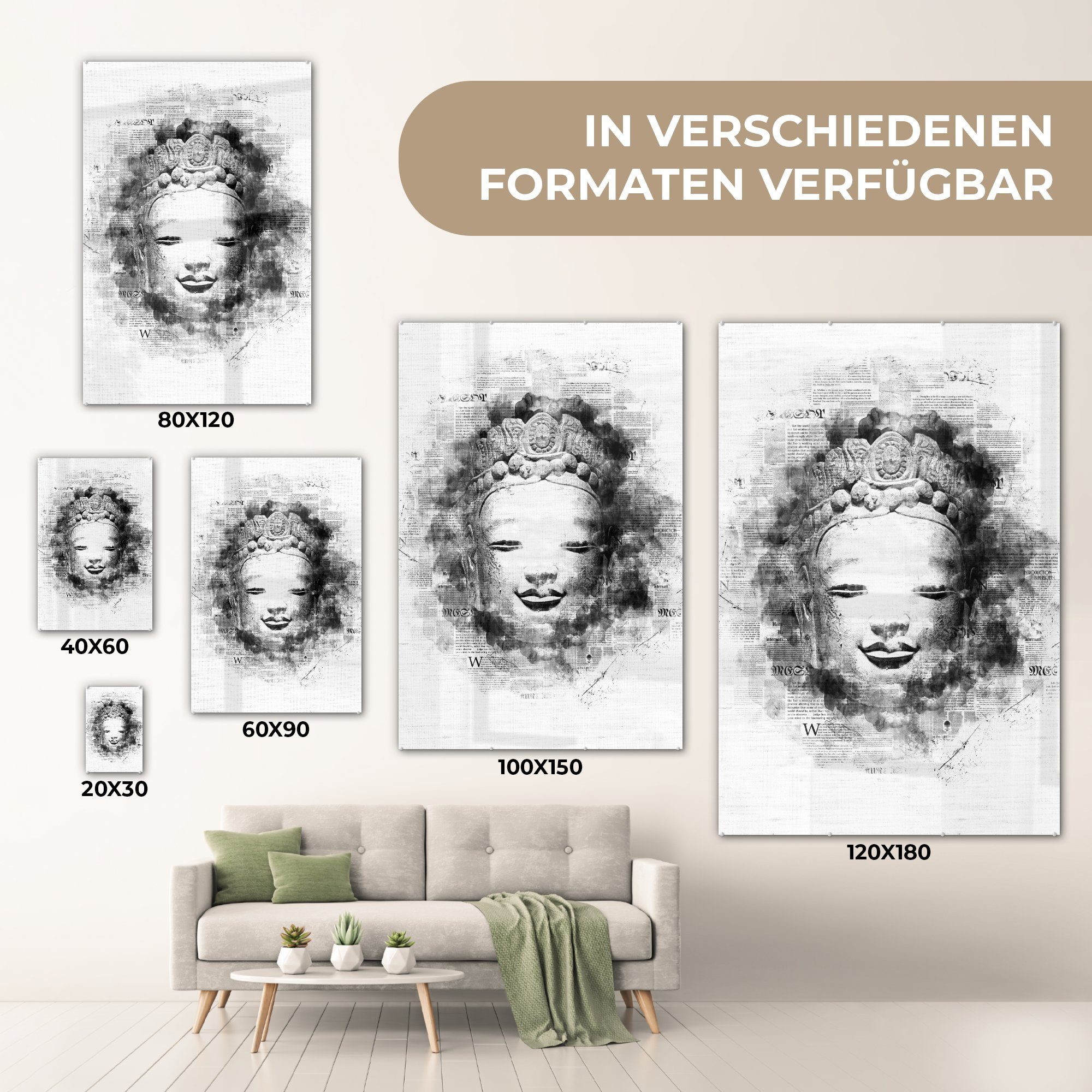 - - Illustration Papier mit Wandbild Glas Acrylglasbild auf auf bunt und, St), für Text schwarz Glas (1 Kopfes - des eines - Wanddekoration MuchoWow Glasbilder Buddha Bilder Foto