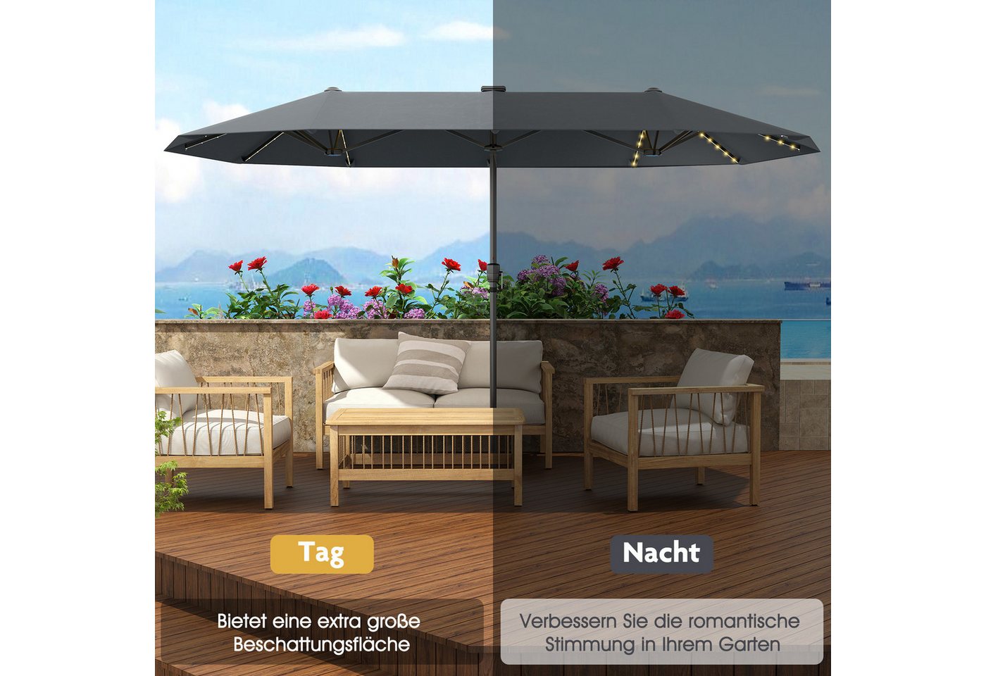 Thumbnail - COSTWAY Sonnenschirm, LxB: 392x212 cm, mit 108 LED-Solarleuchten, Balkon