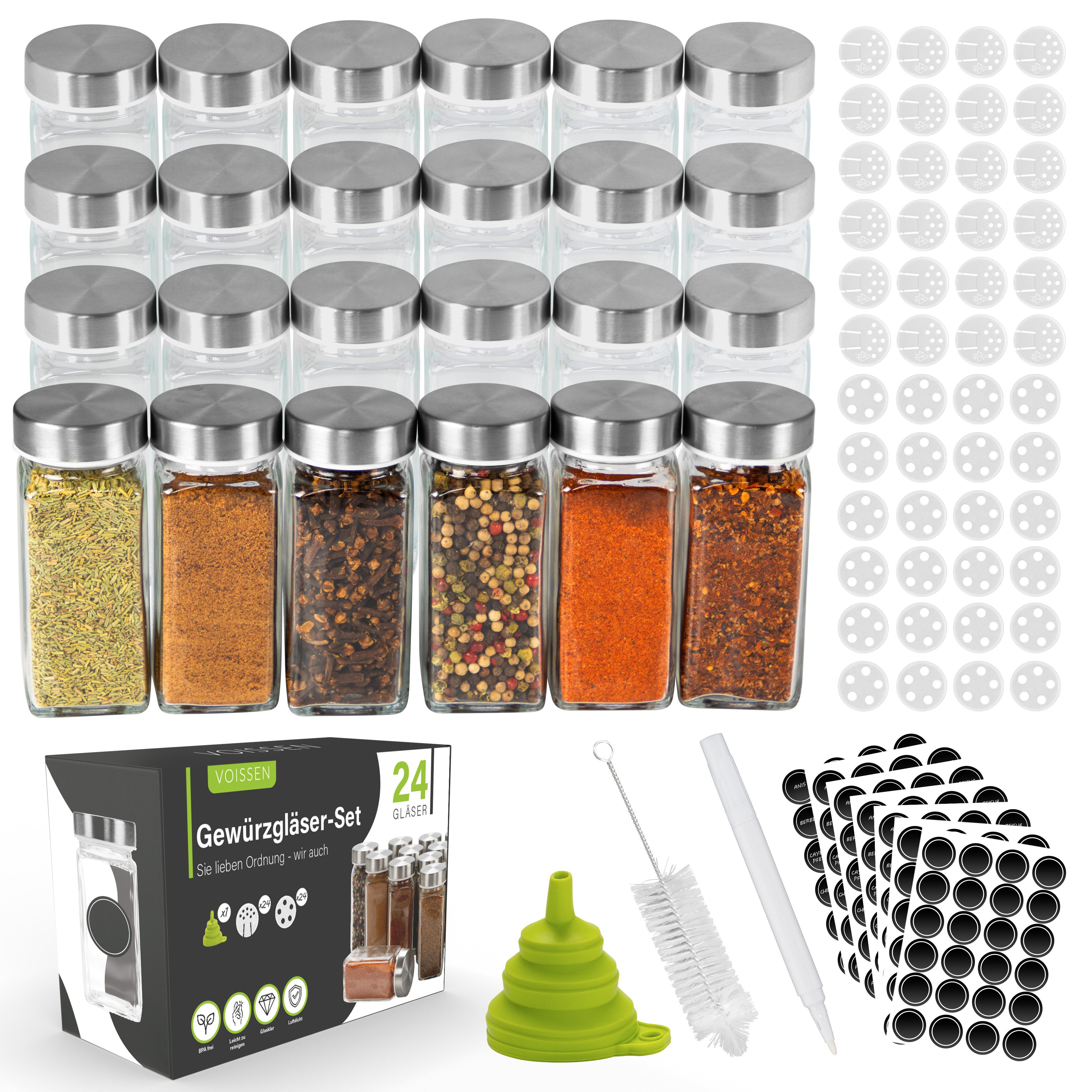 Voissen Gewürzstreuer Gewürzgläser 24er Set 100 ml mit Edelstahldeckel, Etiketten & Trichter, (Set, 24-tlg), Für mehr Ordnung mit Stil