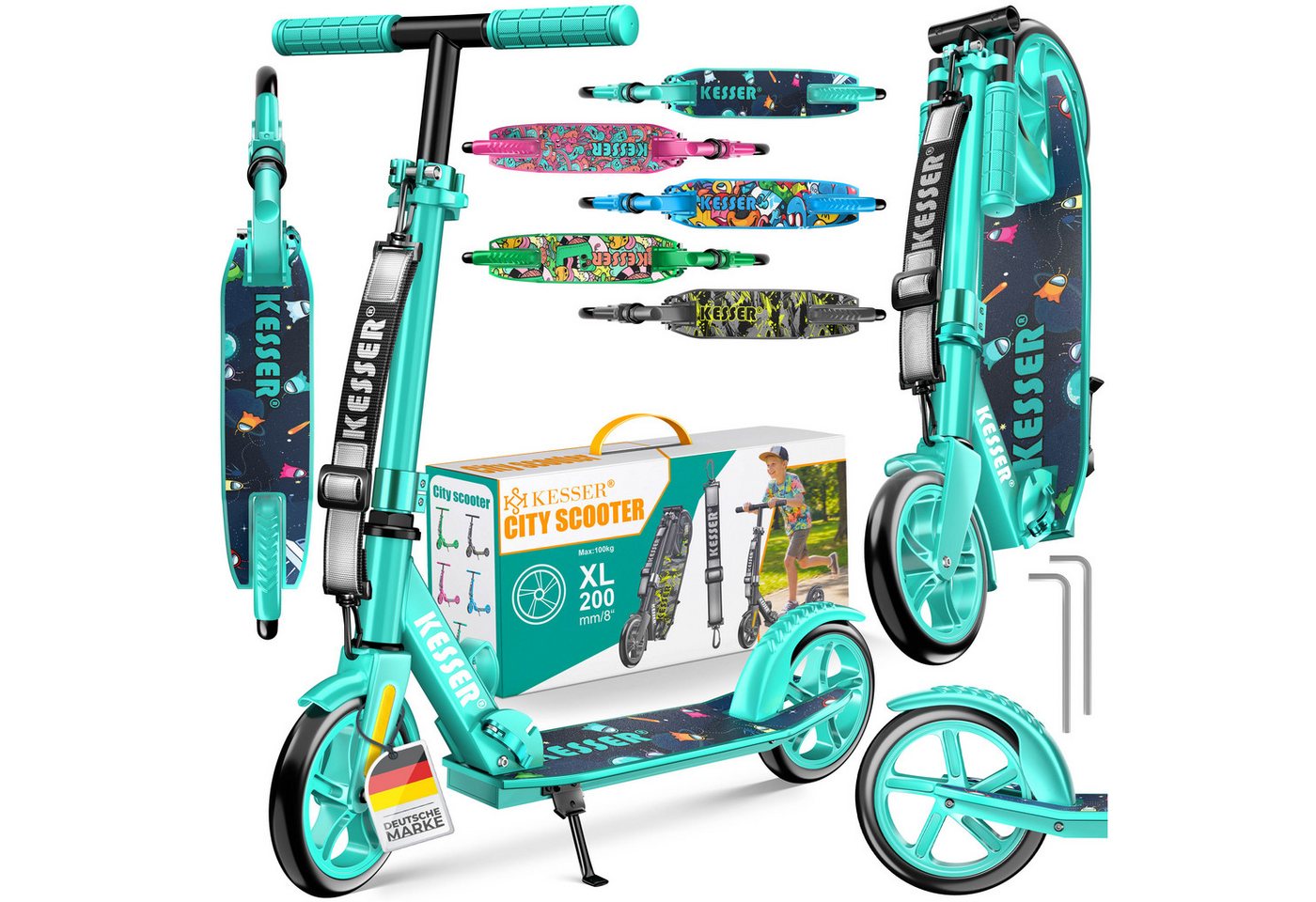 KESSER Scooter mit Hinterradbremse & rutschfeste Trittfläche, bis 100kg & 185cm Körpergröße, klappbar höhenverstellbar