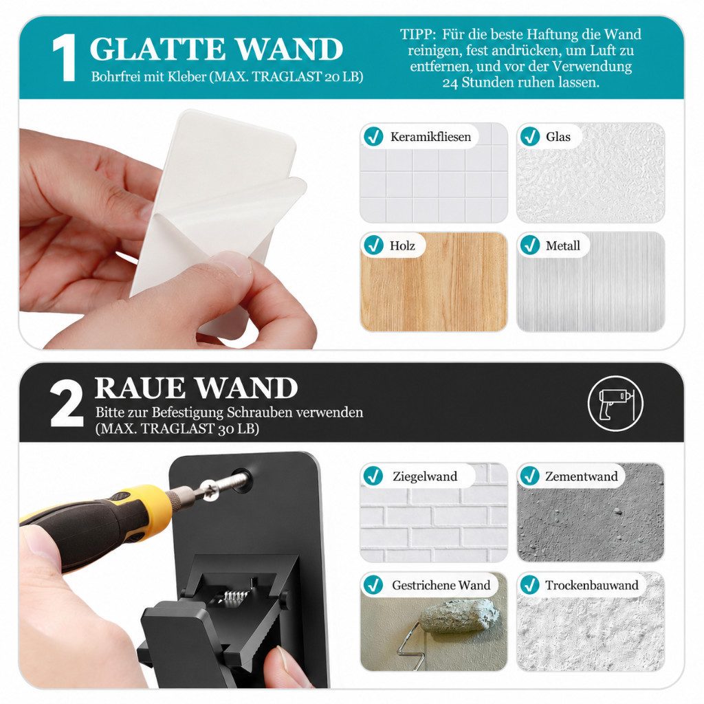 Diwzbyn Gardinenstangenhalter Gardinenstangenhalter Selbstklebend, Ohne Bohren, 2er/4er Set, Starke Klebekraft für Bad, Küche & Schlafzimmer – Bild 5 von 5