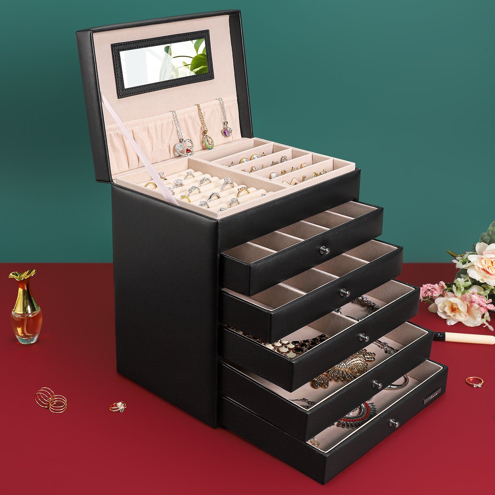 Yorbay Schmuckkasten Schmuckkästchen mit 6 Ebenen, 5 Schubladen (Mit Spiege günstig online kaufen