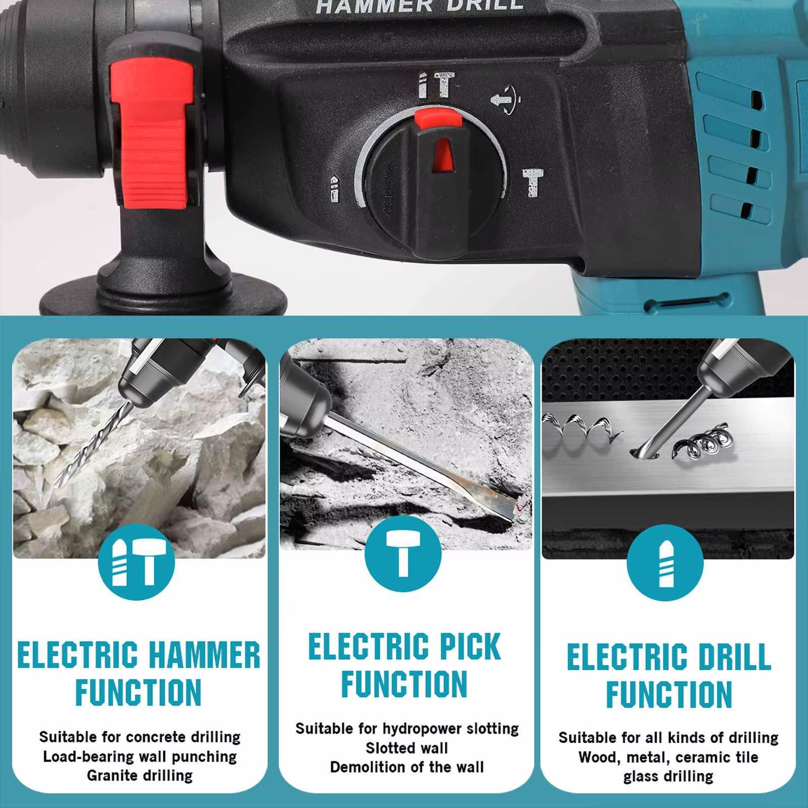 Athlix Akku-Bohrhammer Bürstenlose Akku Schlagbohrer 27MM Plus Elektro-Bohrhammer, max. 1000 U/min, 4.800 Schläge pro Minute, 1.000 U/min, 1 J Schlagenergie