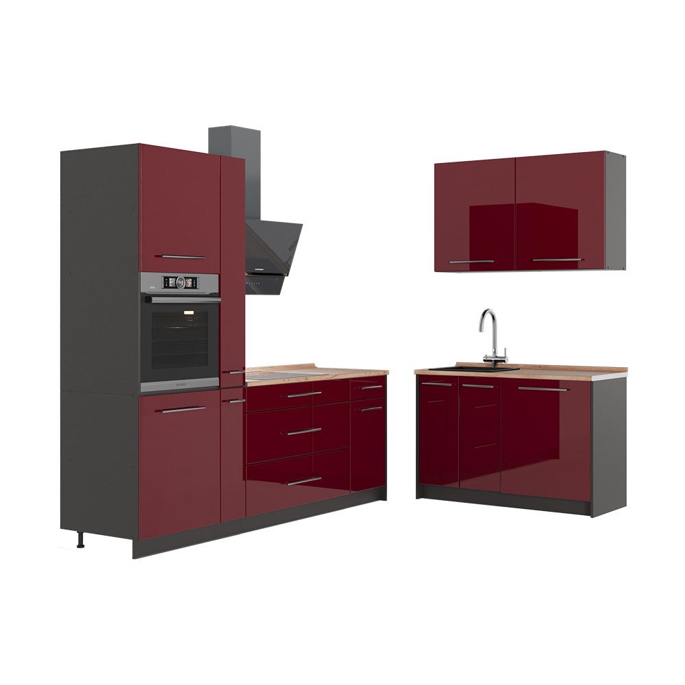 Vicco Winkelküche Fame-Line, Bordeaux Hochglanz/Anthrazit, 220 x 120 cm, AP Eiche