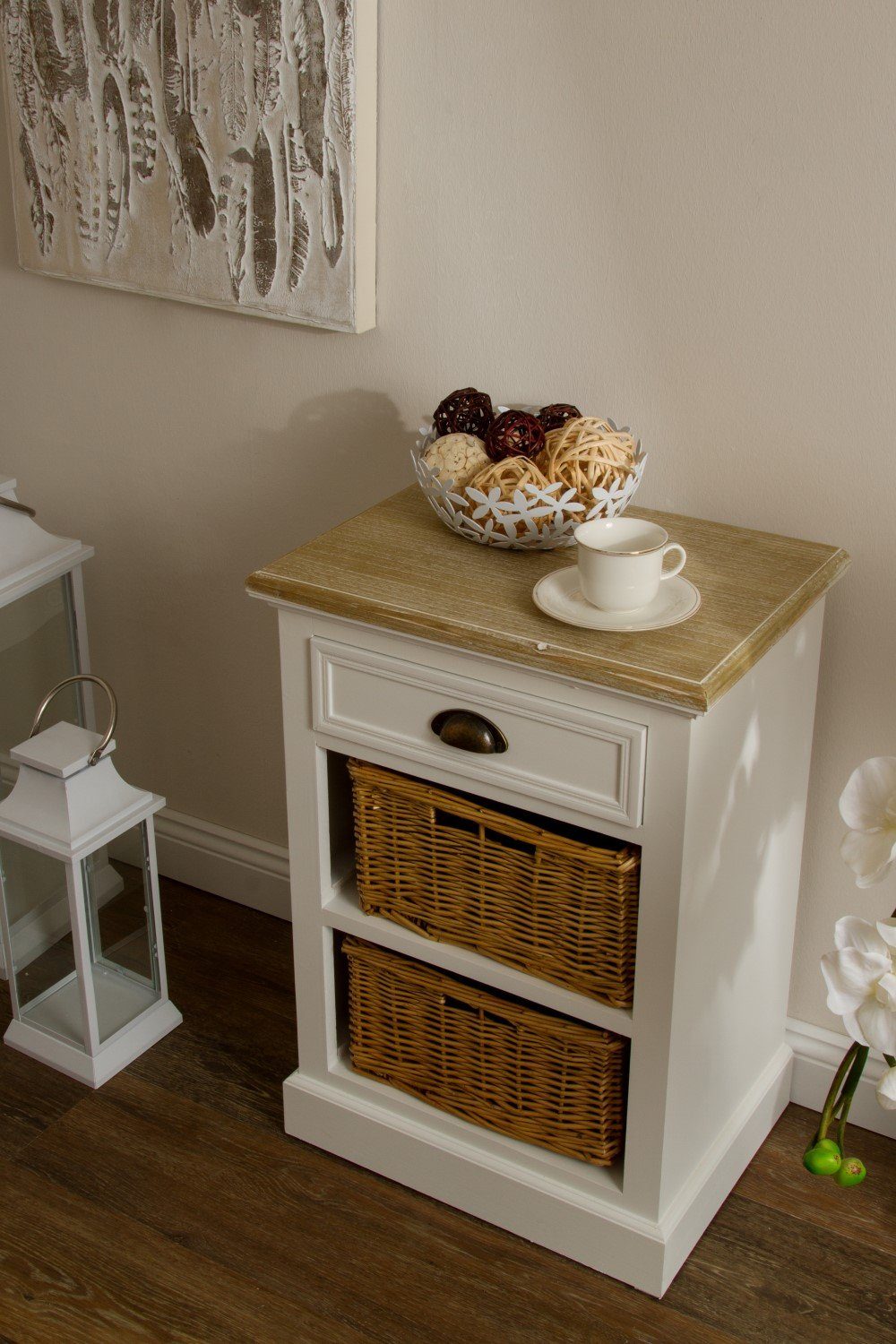 Beistelltisch Schublade (FALSCH), in cm mit 47x68x35 Kommode Körbe weiß Nachttisch: Körben elbmöbel Cottage mit und Regal weiß Stil
