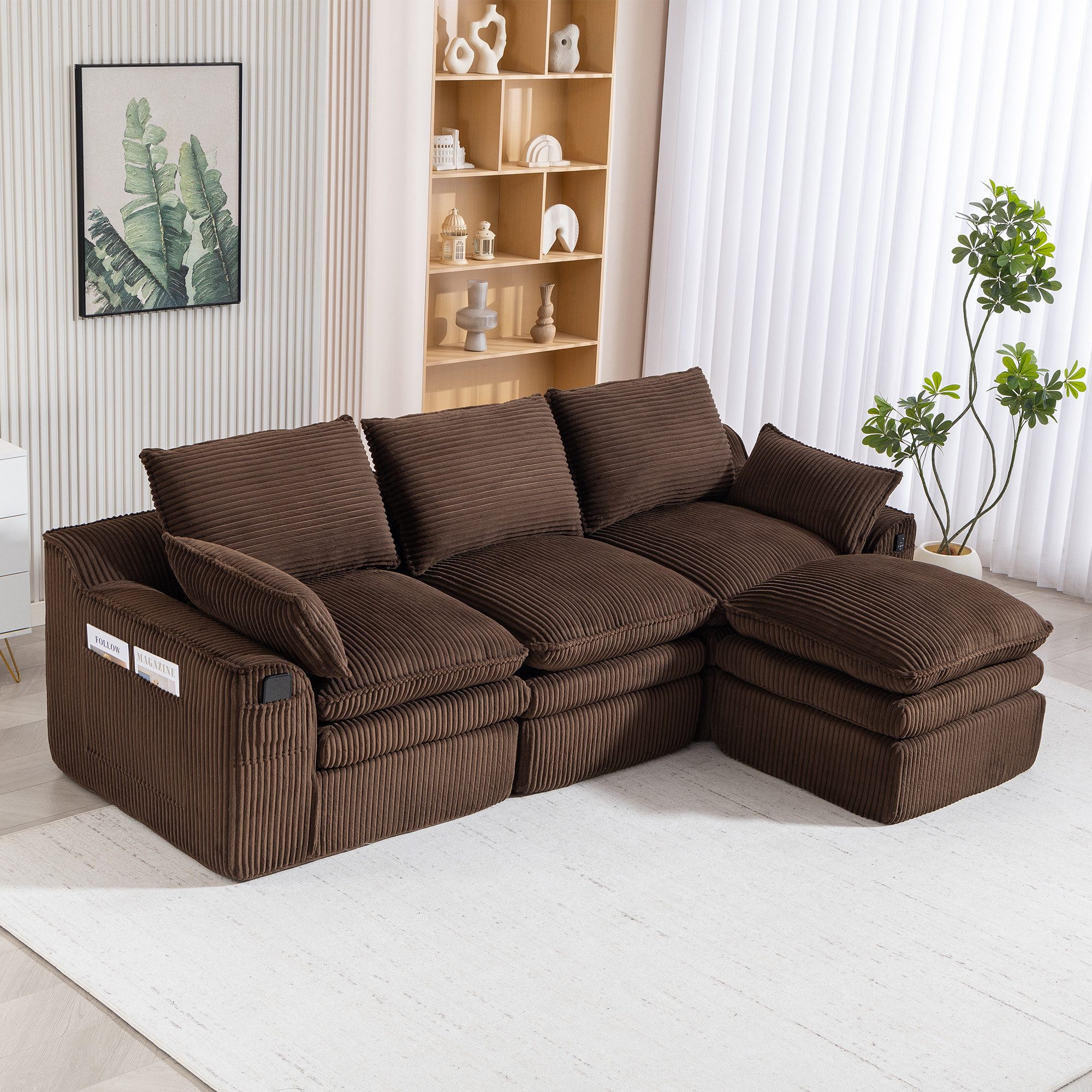 HAUSS SPOLE Loungesofa mit Seitentaschen,Dreisitzer Relaxsofa Sitzgruppe mit Hockern,Braun, Schwammstruktur mit integriertem Federkern, Frei kombinierbar – für Wohnzimmer, Büro & mehr