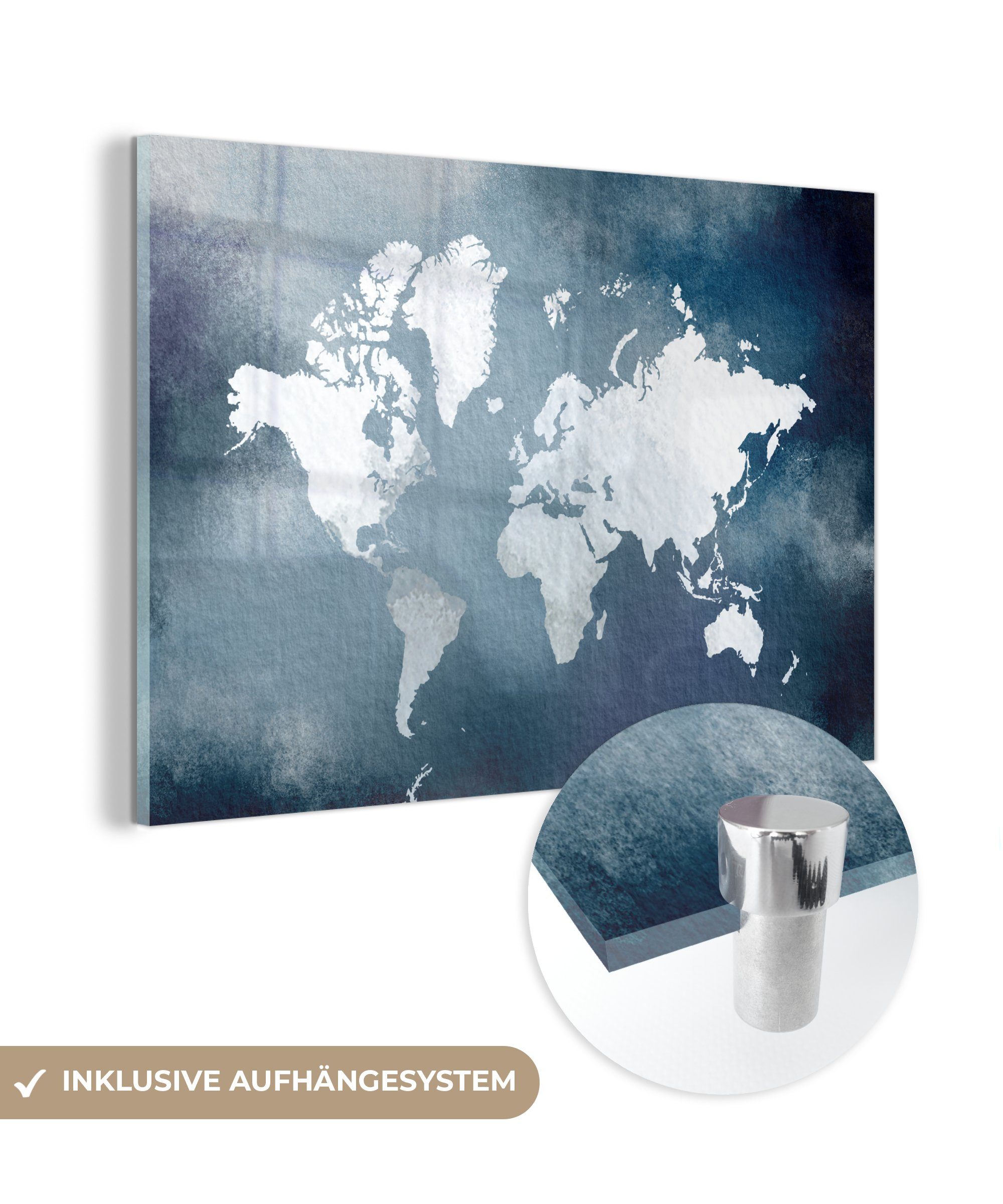 MuchoWow Acrylglasbild Weltkarte Aquarell Glas Blau, Glasbilder Wandbild - Foto Glas - - auf Wanddekoration St), Bilder (1 - - auf