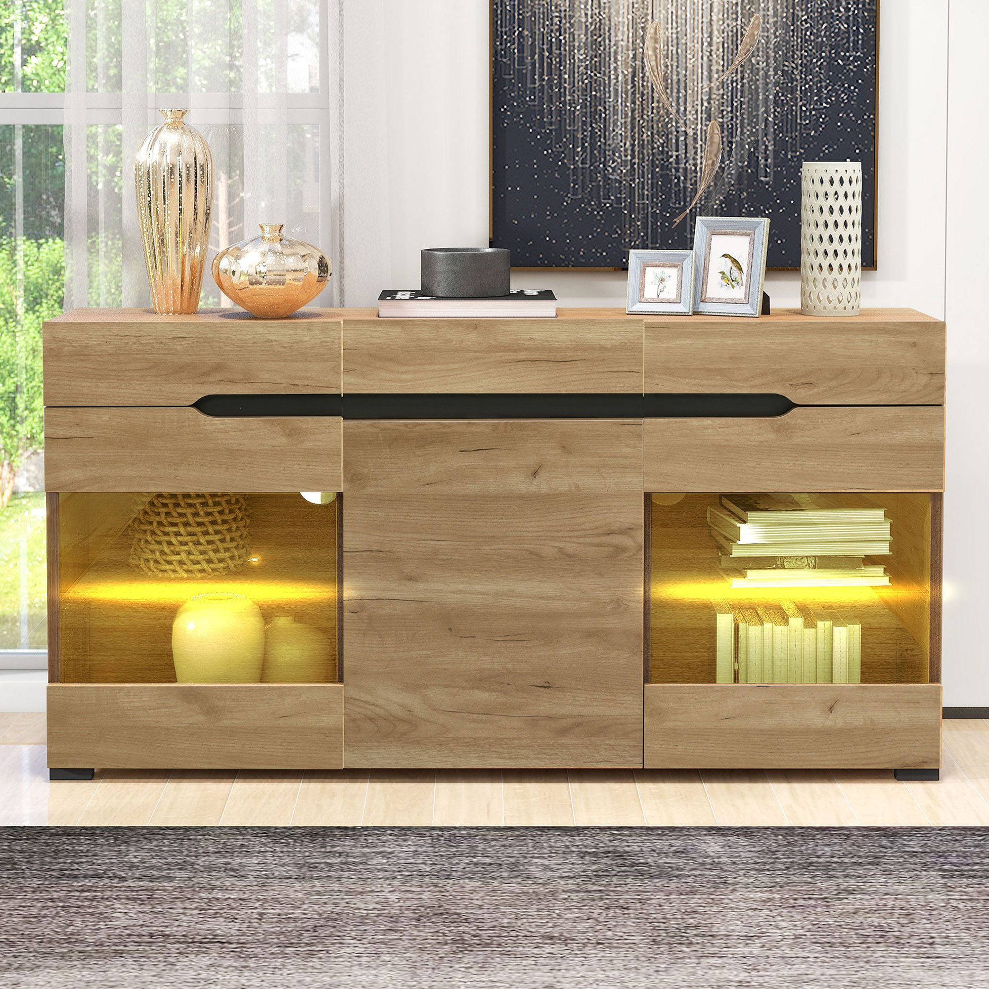 Merax Sideboard Wildeiche Farbe mit LED, Anrichte mit Glasablage, Kommde mi günstig online kaufen