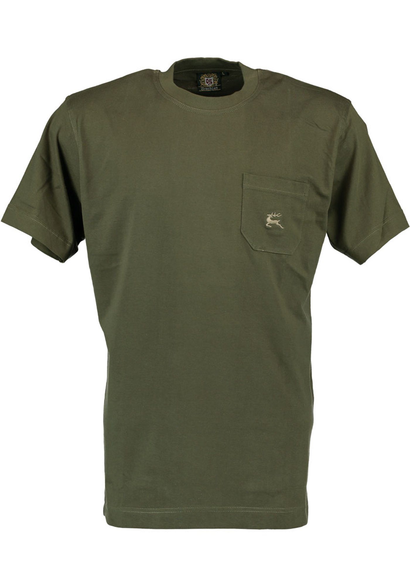Hirsch-Stickerei OS-Trachten Brusttasche auf Najio T-Shirt oliv mit Kurzarmshirt Herren der