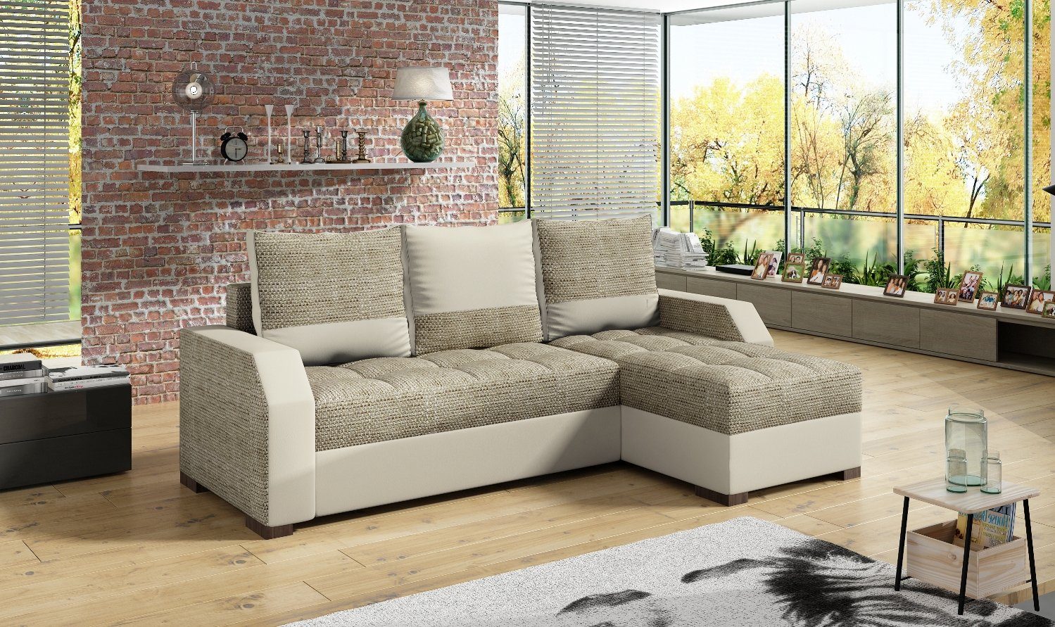 JVmoebel Ecksofa, Design Ecksofa Bettfunktion Sofas Couchen Couch Textil Leder Beige Polster