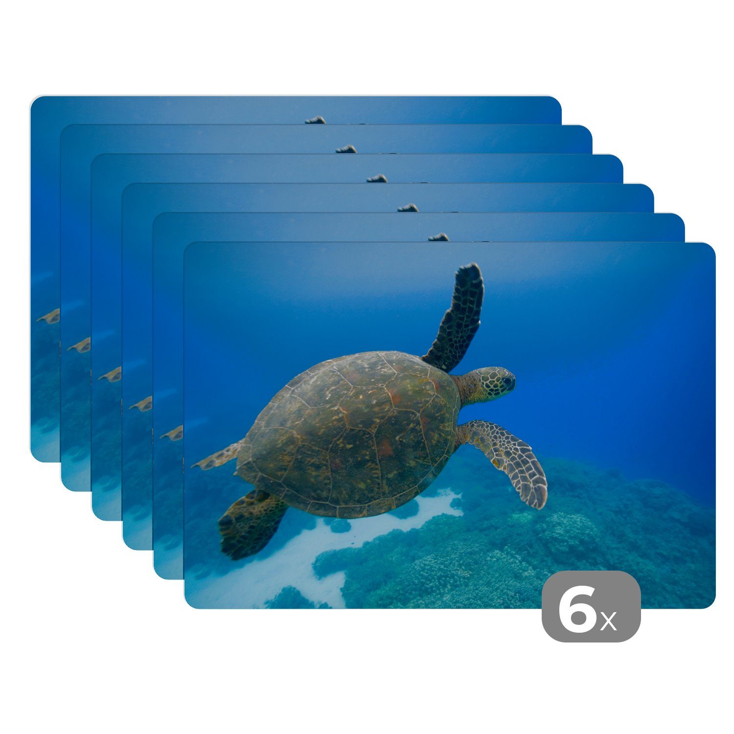 Platzset, Grüne schwimmende Schildkröte Platzset, (6-St), Schmutzabweisend Fotodruck, MuchoWow, Platzmatte, Platzdecken, Tischmatten